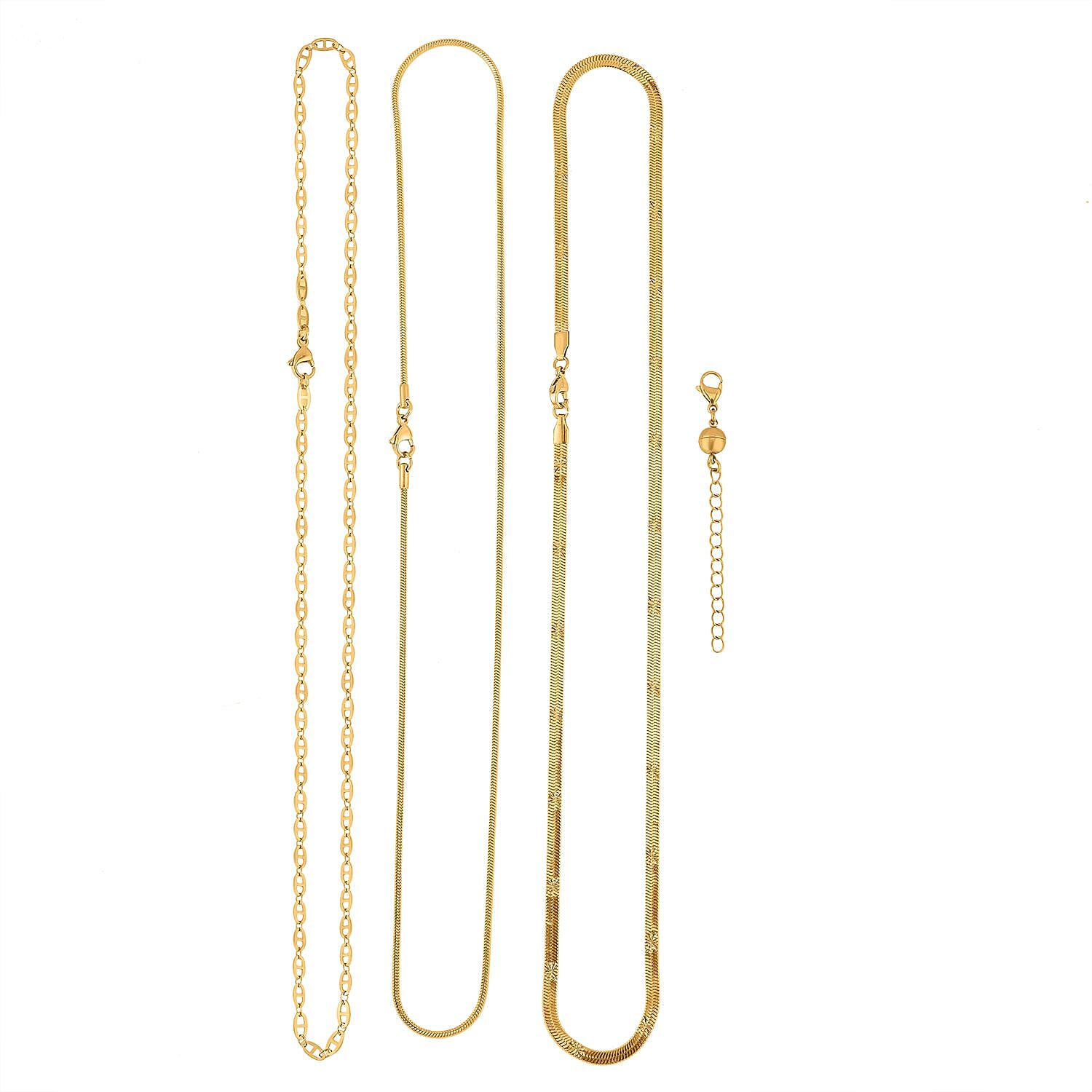 Set of 4 - 3 Necklaces Snake, Herringbone & Rambo (Size - 24) with Magnetic Lock & Lobster Clasp in Yellow Gold Tone Set of 4 - 3 Necklaces Snake, Herringbone & Rambo (Size - 24) with Magnetic Lock & Lobster Clasp in Yellow Gold Tone