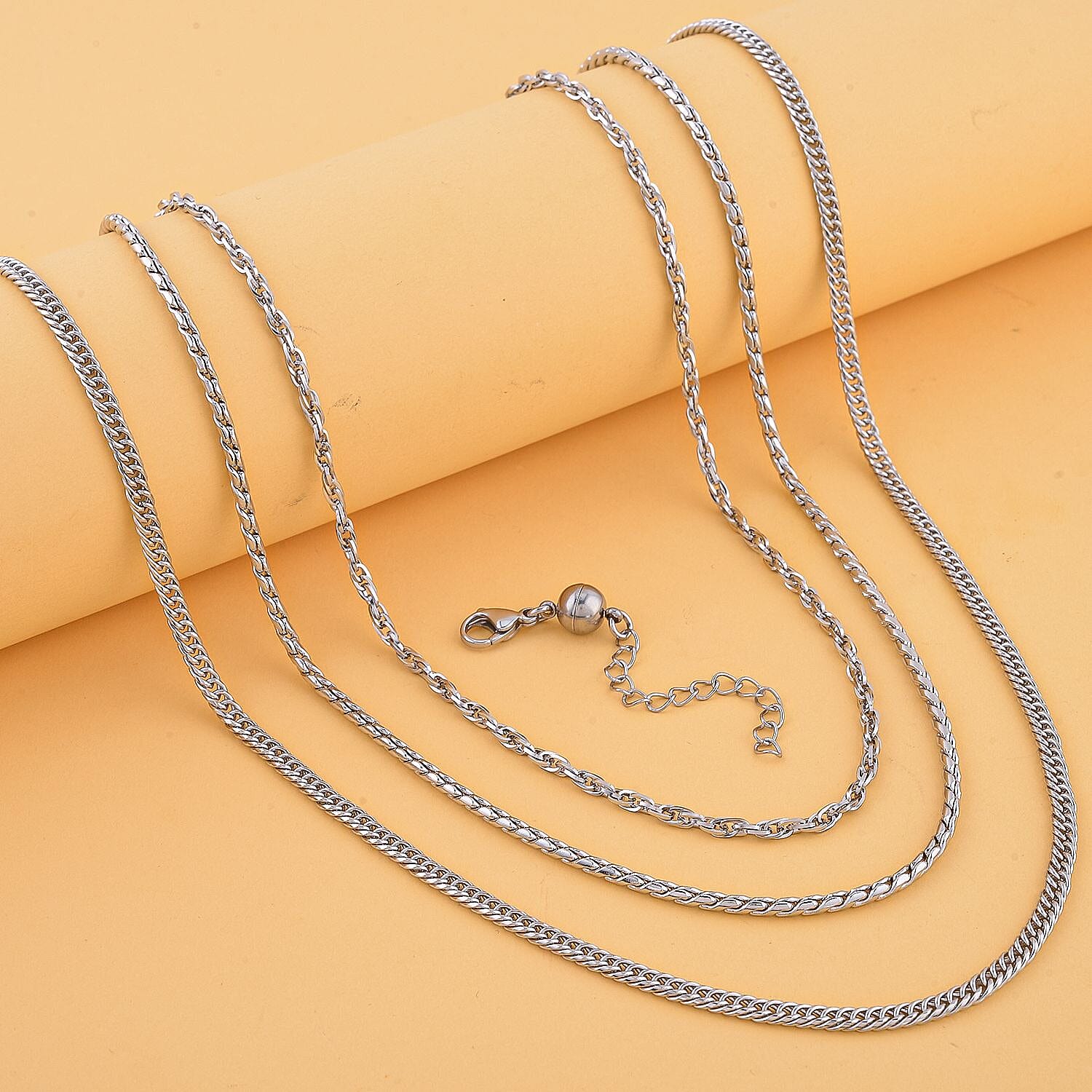 Set of 3 - Necklace (Size - 24-2 Inch Ext.) with Magnetic Lock in Stainless Steel
