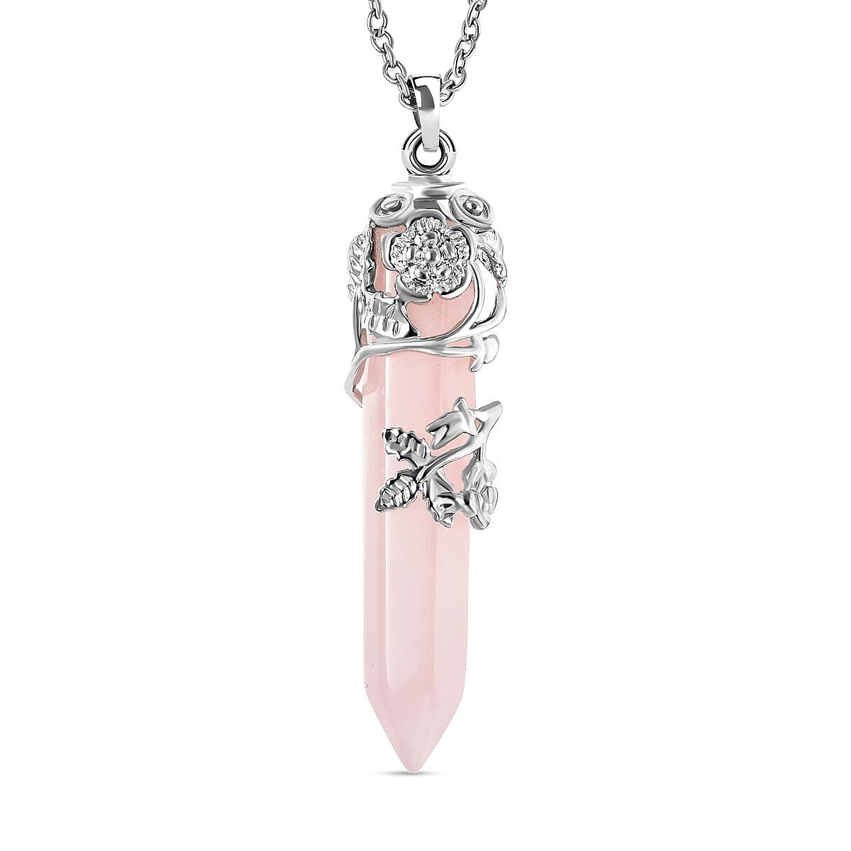 Rose Quartz Floral Vine Pendant with Chain (Size - 24) in White Tone 27.0 Ct