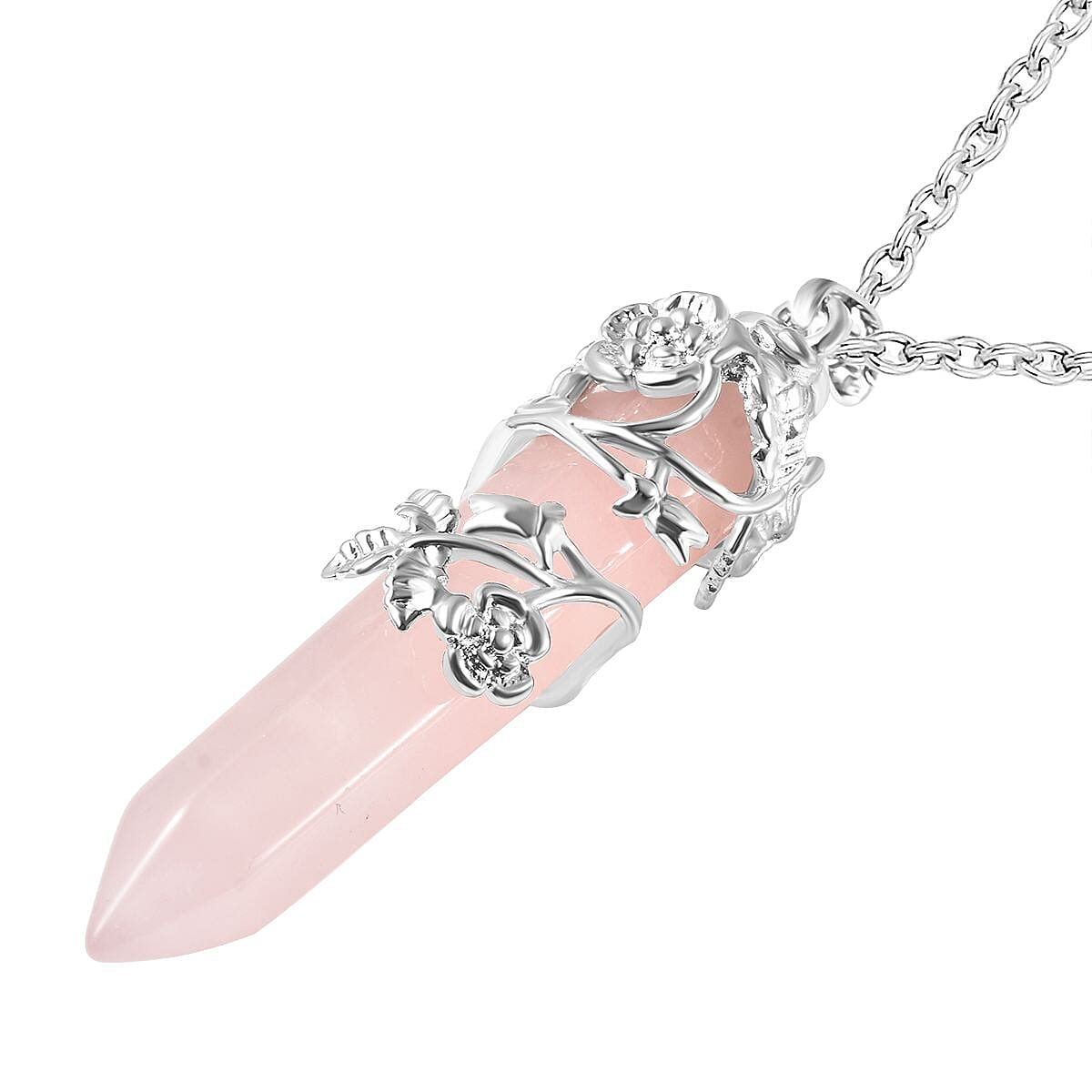 Rose Quartz Floral Vine Pendant with Chain (Size - 24) in White Tone 27.0 Ct