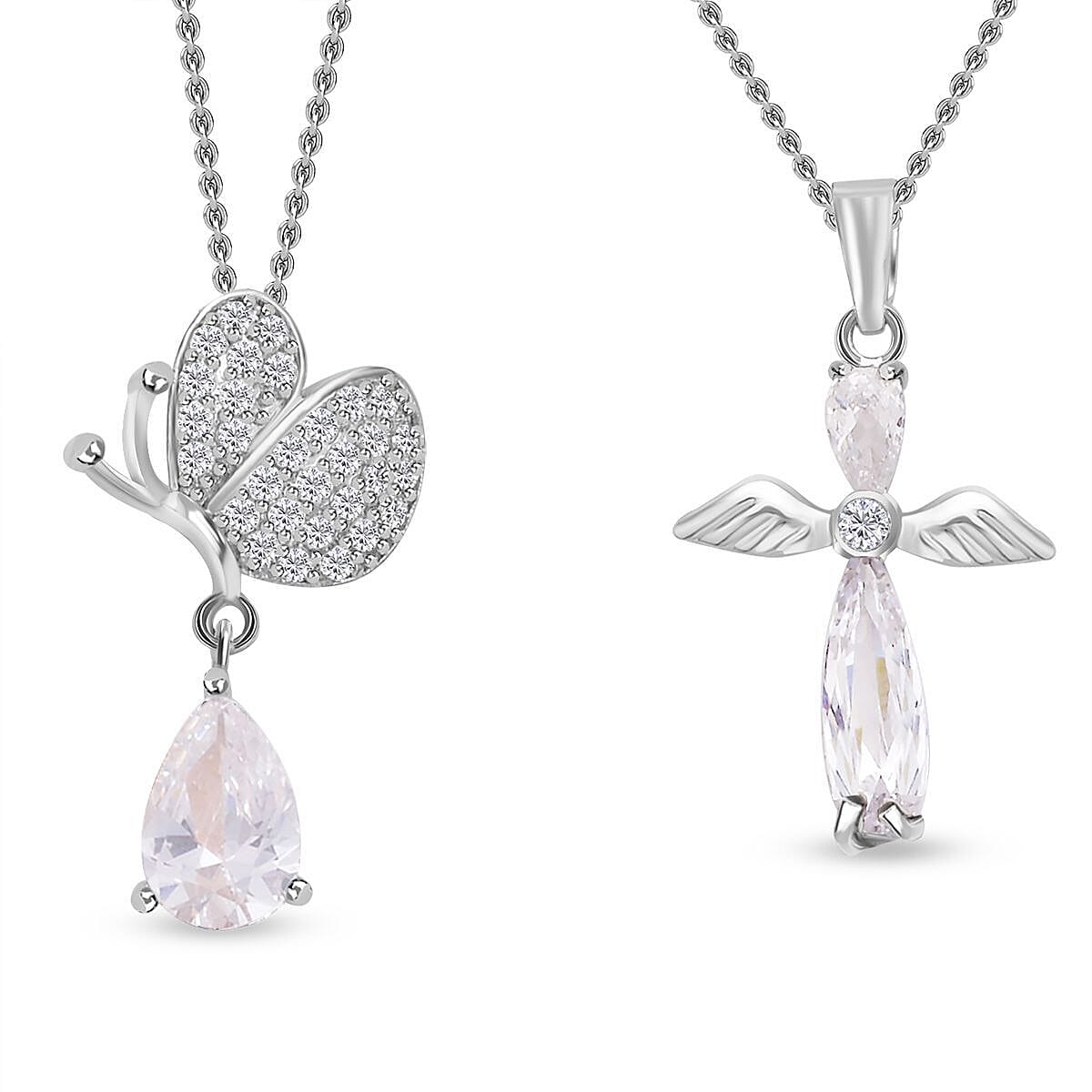 Set of 2 - Cubic Zirconia Angel Wing Pendant with Chain in Yellow Gold Tone