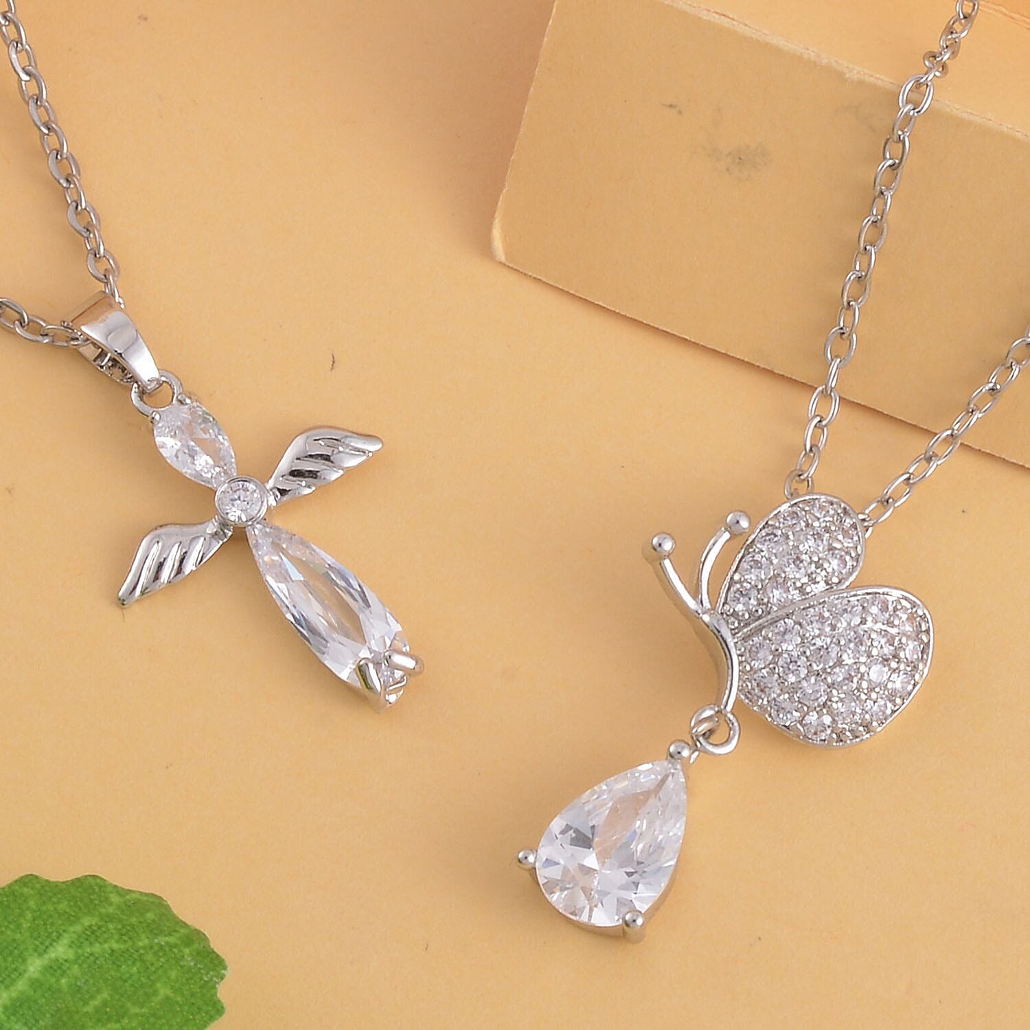 Set of 2 - Cubic Zirconia Angel Wing Pendant with Chain in Yellow Gold Tone