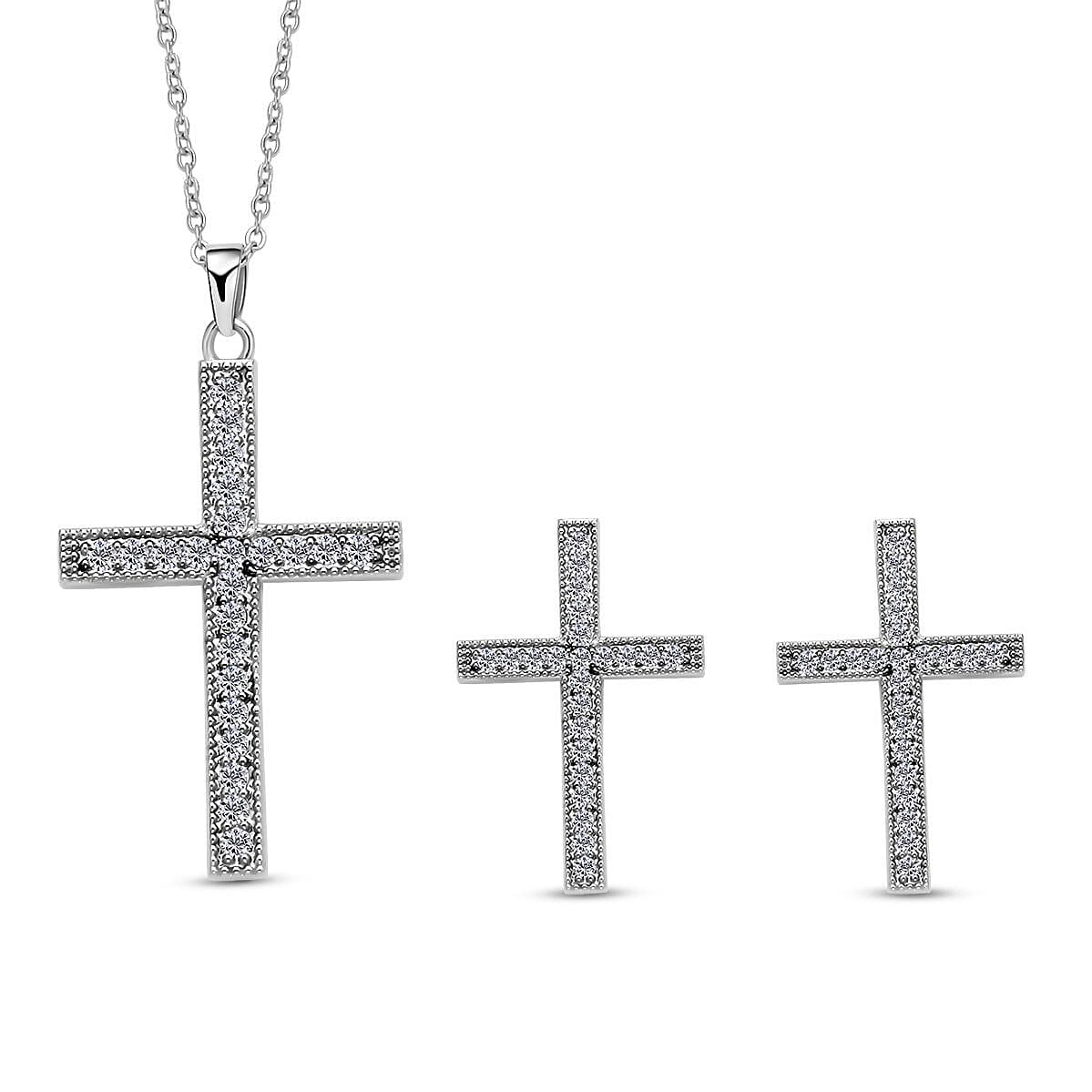 2 Piece Set - Cubic Zirconia Cross Pendant with Chain (Size - 19.5-2 Inch Ext.) and Earrings