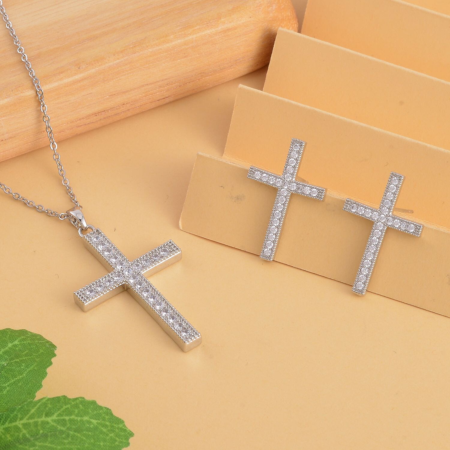 2 Piece Set - Cubic Zirconia Cross Pendant with Chain (Size - 19.5-2 Inch Ext.) and Earrings