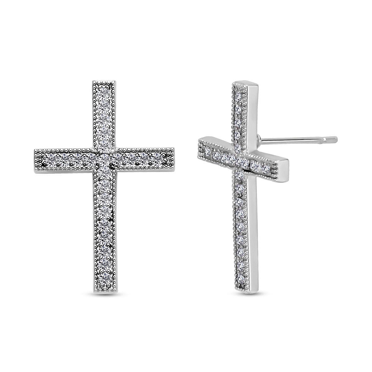 2 Piece Set - Cubic Zirconia Cross Pendant with Chain (Size - 19.5-2 Inch Ext.) and Earrings