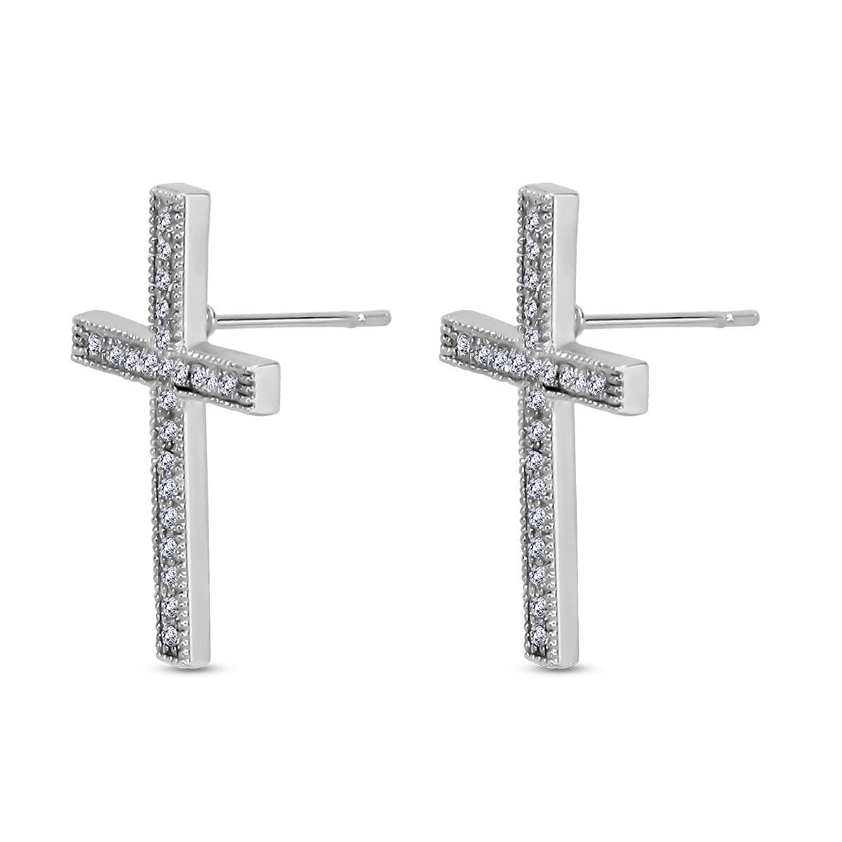 2 Piece Set - Cubic Zirconia Cross Pendant with Chain (Size - 19.5-2 Inch Ext.) and Earrings