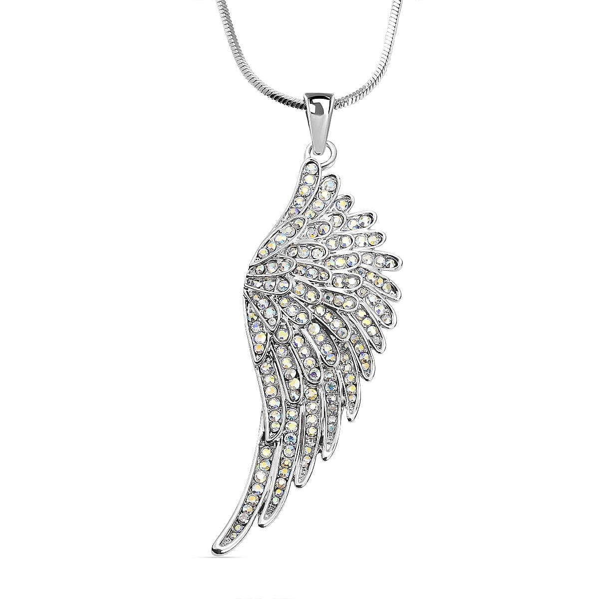 Mystic White Crystal Angle Wing Pendant with Chain (Size 29 With 2 Inch Extenders) in Silver Tone