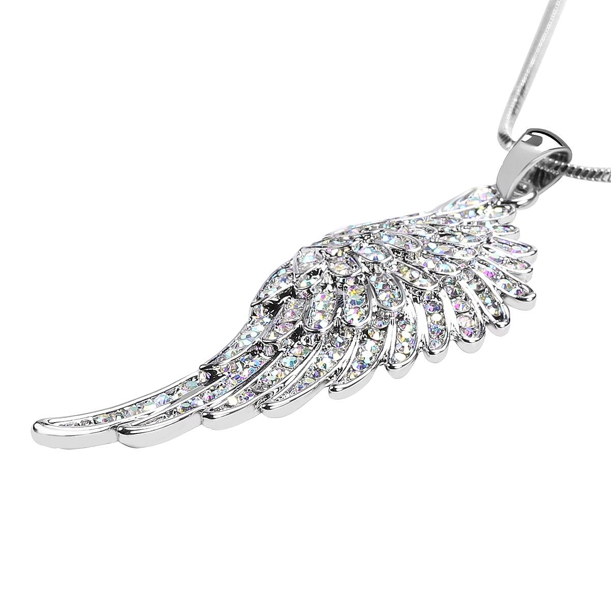 Mystic White Crystal Angle Wing Pendant with Chain (Size 29 With 2 Inch Extenders) in Silver Tone