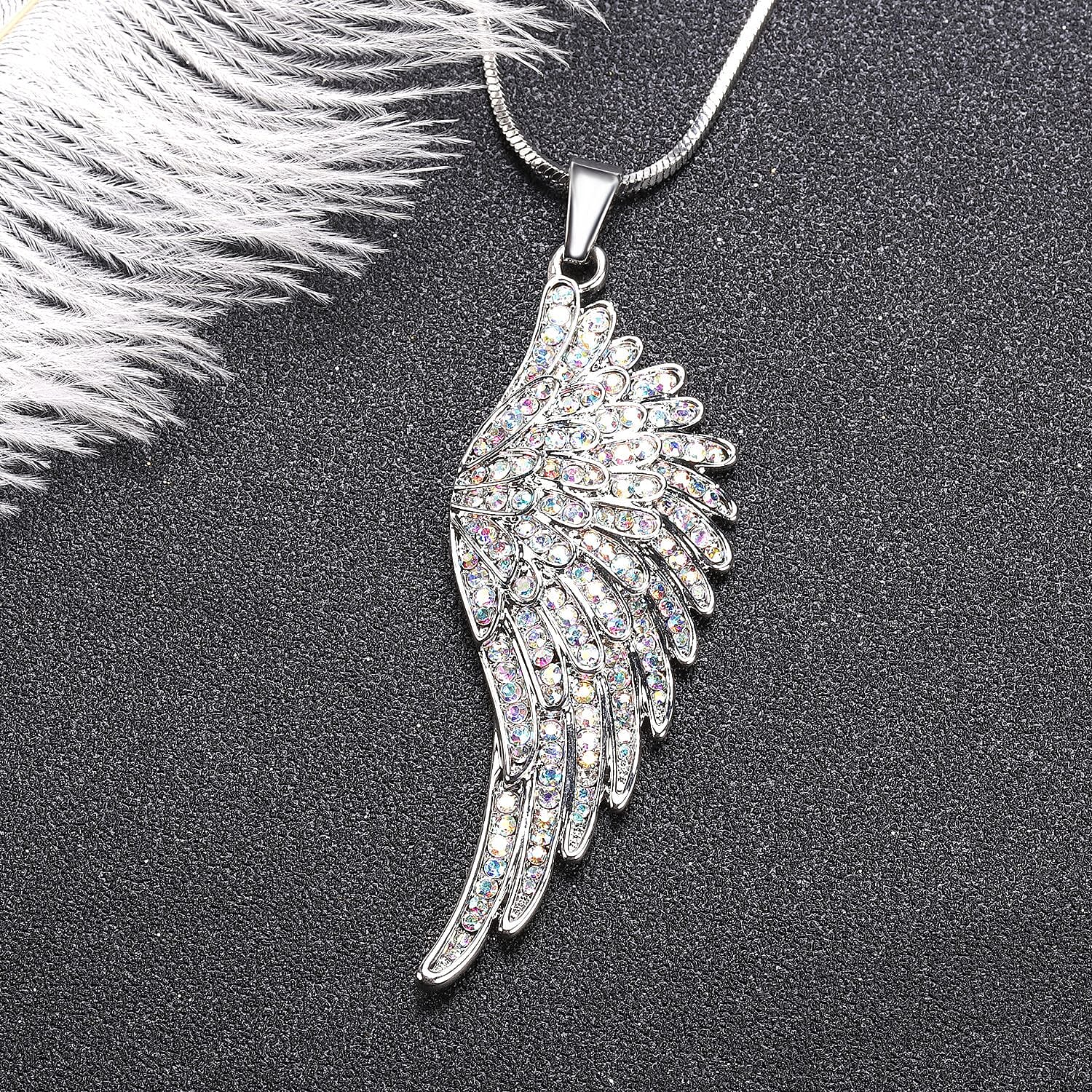Mystic White Crystal Angle Wing Pendant with Chain (Size 29 With 2 Inch Extenders) in Silver Tone