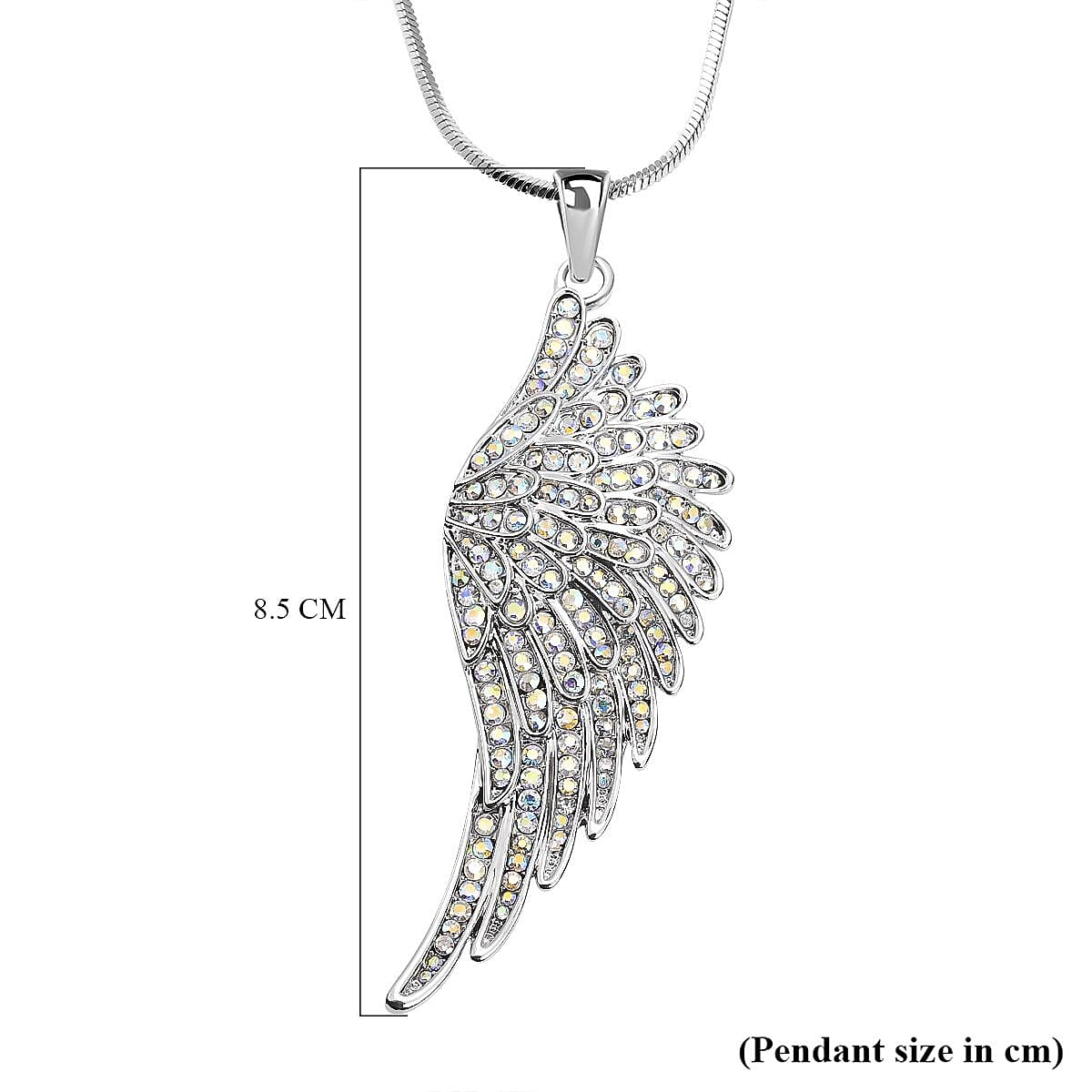 Mystic White Crystal Angle Wing Pendant with Chain (Size 29 With 2 Inch Extenders) in Silver Tone