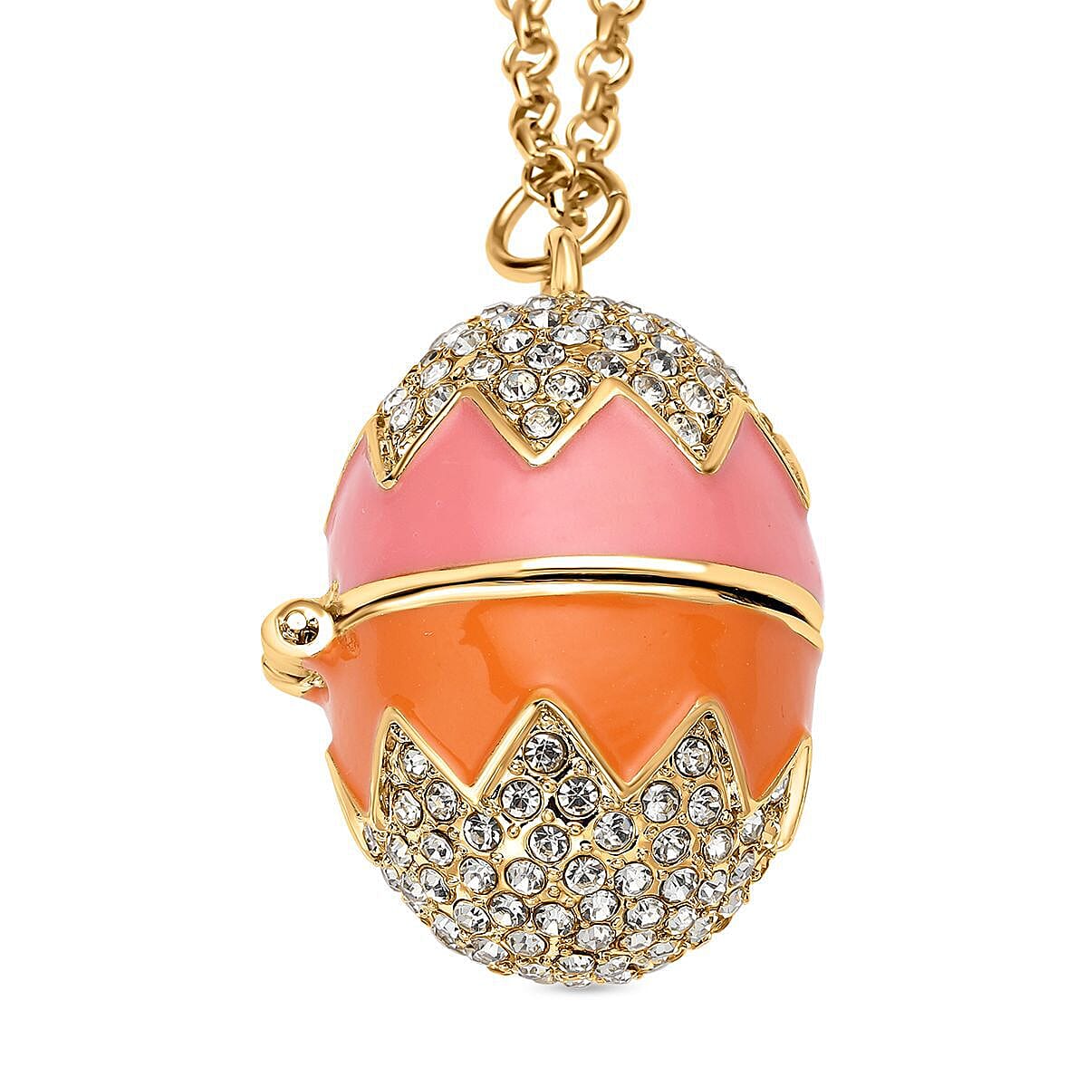 White Austrian Crystal Enamelled Easter Egg Pendant with Chain (Size 28 with 2.5 Inch Extender) in Yellow Gold Tone