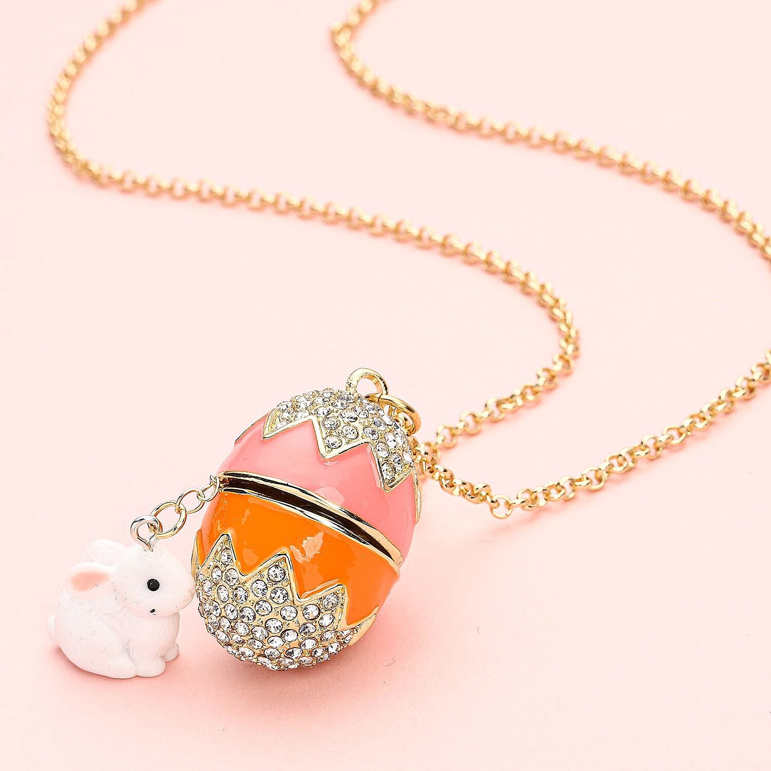 White Austrian Crystal Enamelled Easter Egg Pendant with Chain (Size 28 with 2.5 Inch Extender) in Yellow Gold Tone