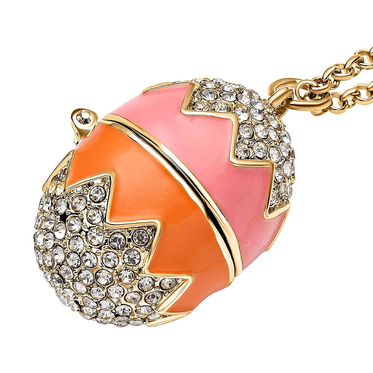 White Austrian Crystal Enamelled Easter Egg Pendant with Chain (Size 28 with 2.5 Inch Extender) in Yellow Gold Tone