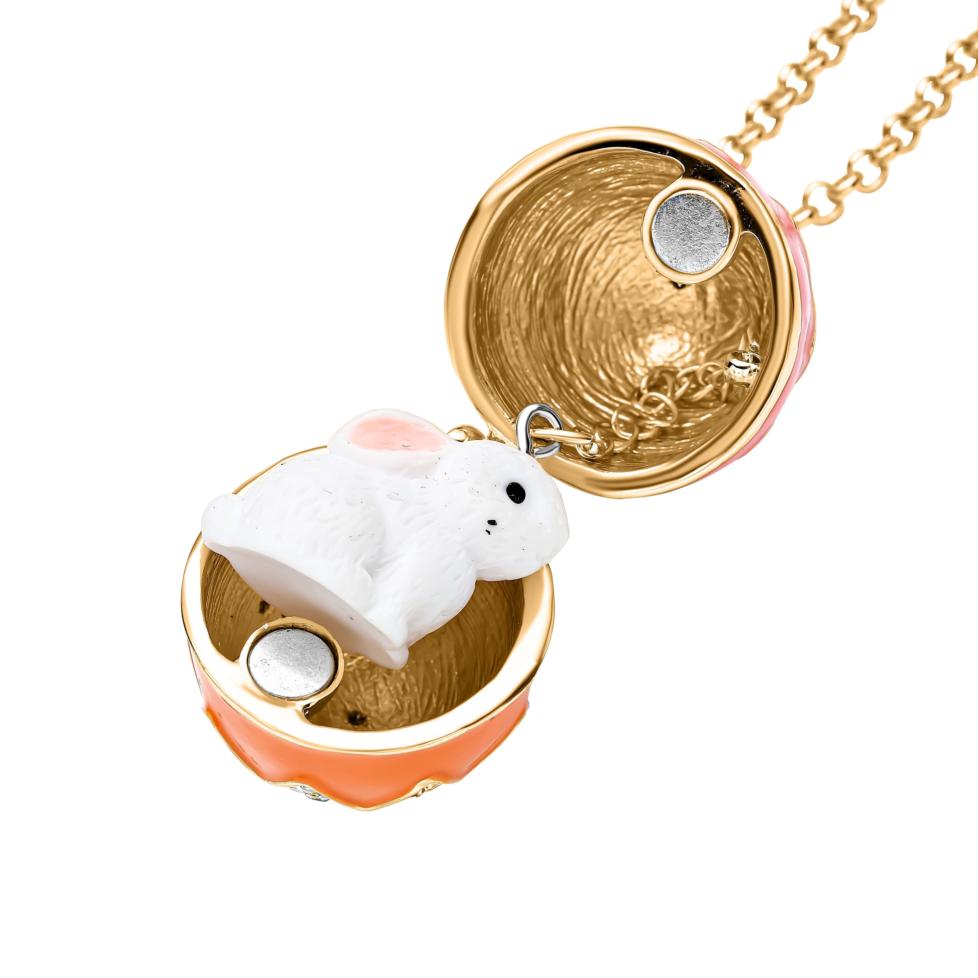 White Austrian Crystal Enamelled Easter Egg Pendant with Chain (Size 28 with 2.5 Inch Extender) in Yellow Gold Tone