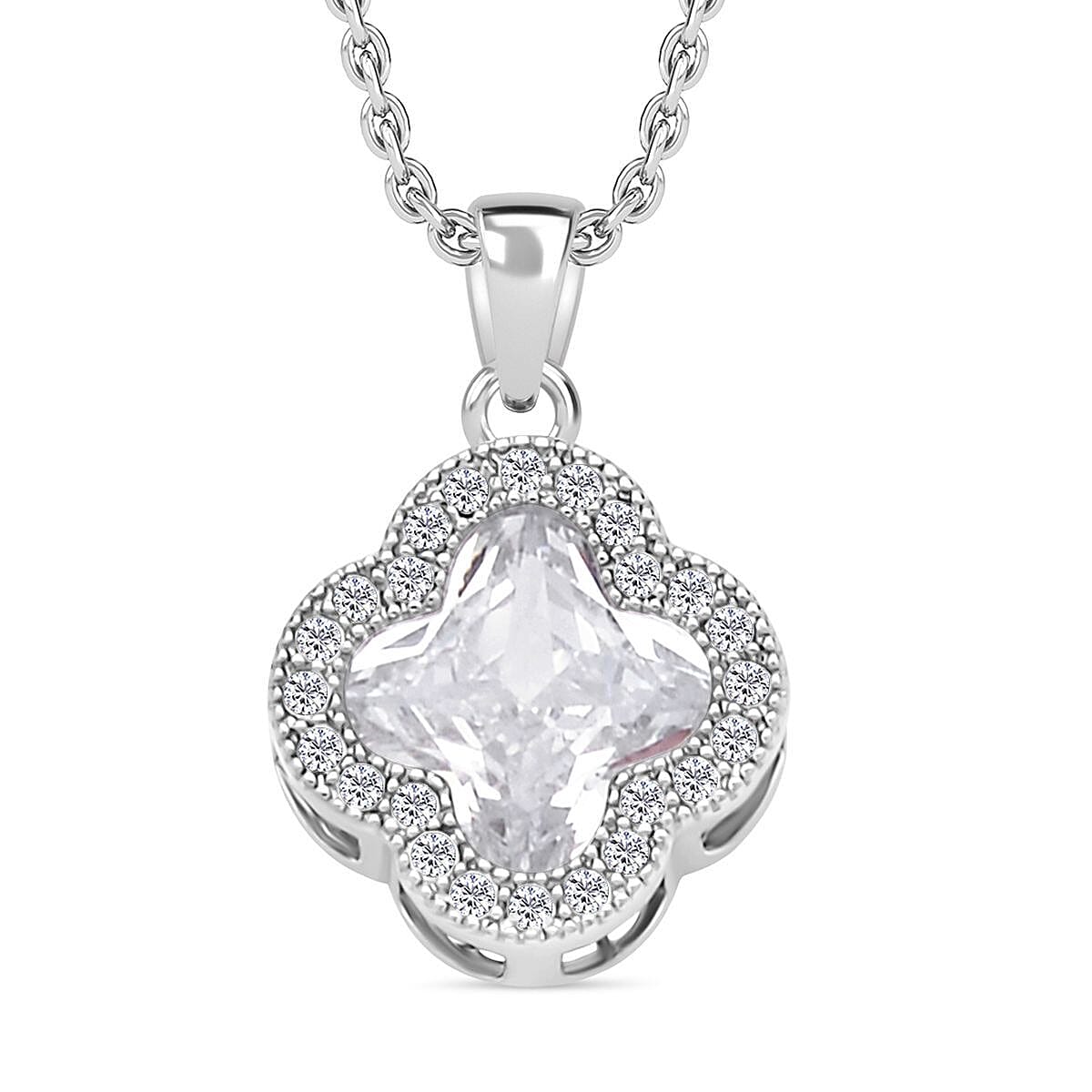 Simulated Diamond Pendant with Chain (Size 19 With 2 Inch Extender) in Silver Tone