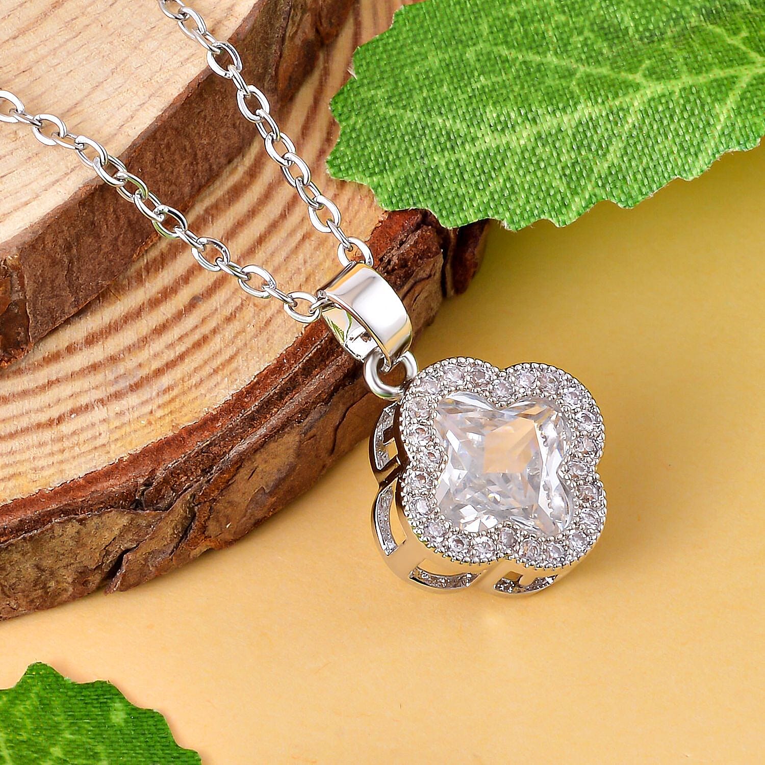 Simulated Diamond Pendant with Chain (Size 19 With 2 Inch Extender) in Silver Tone