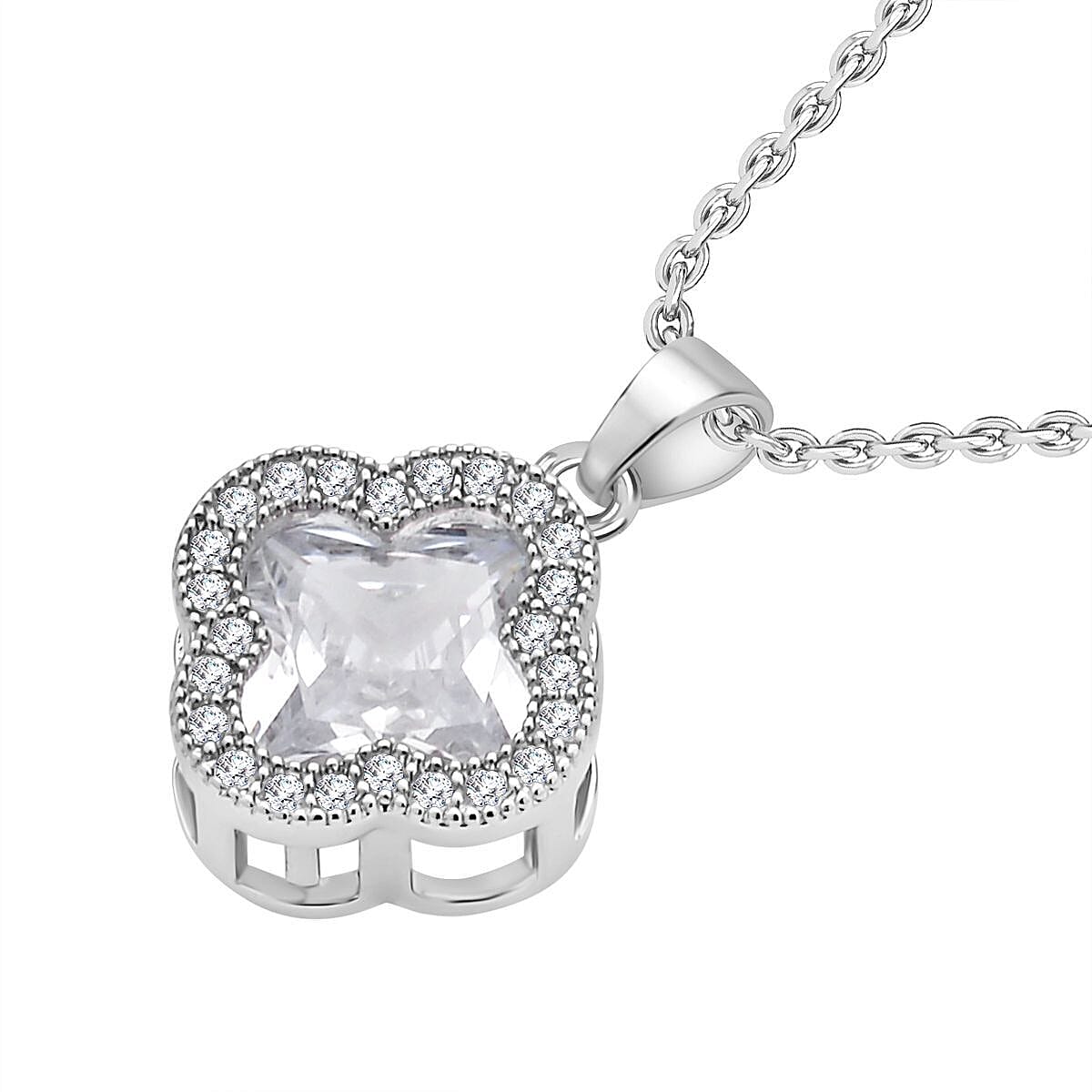 Simulated Diamond Pendant with Chain (Size 19 With 2 Inch Extender) in Silver Tone