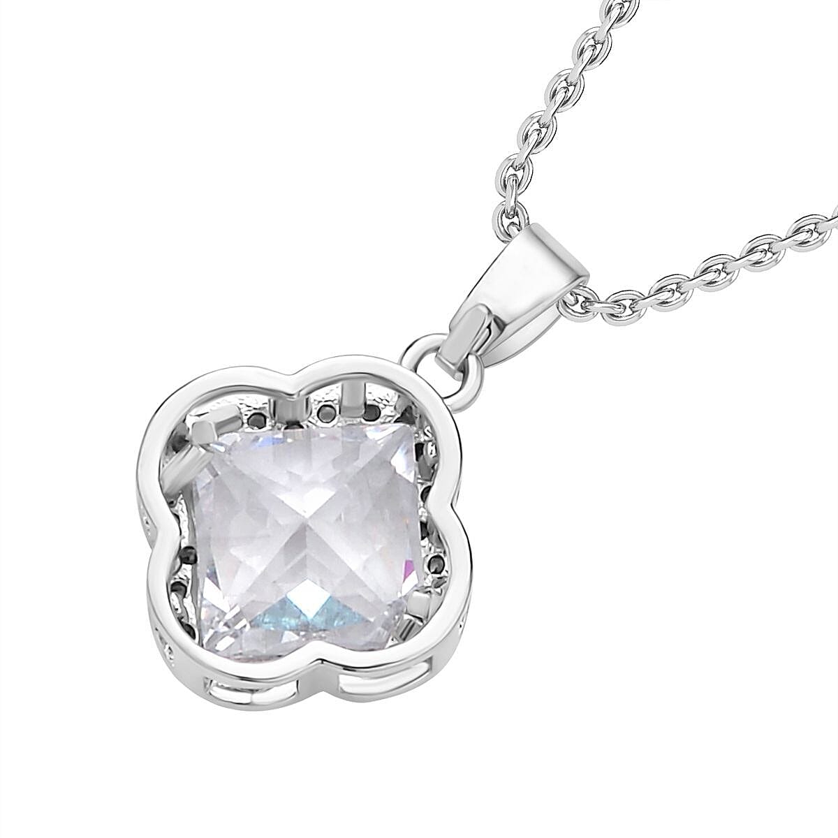 Simulated Diamond Pendant with Chain (Size 19 With 2 Inch Extender) in Silver Tone