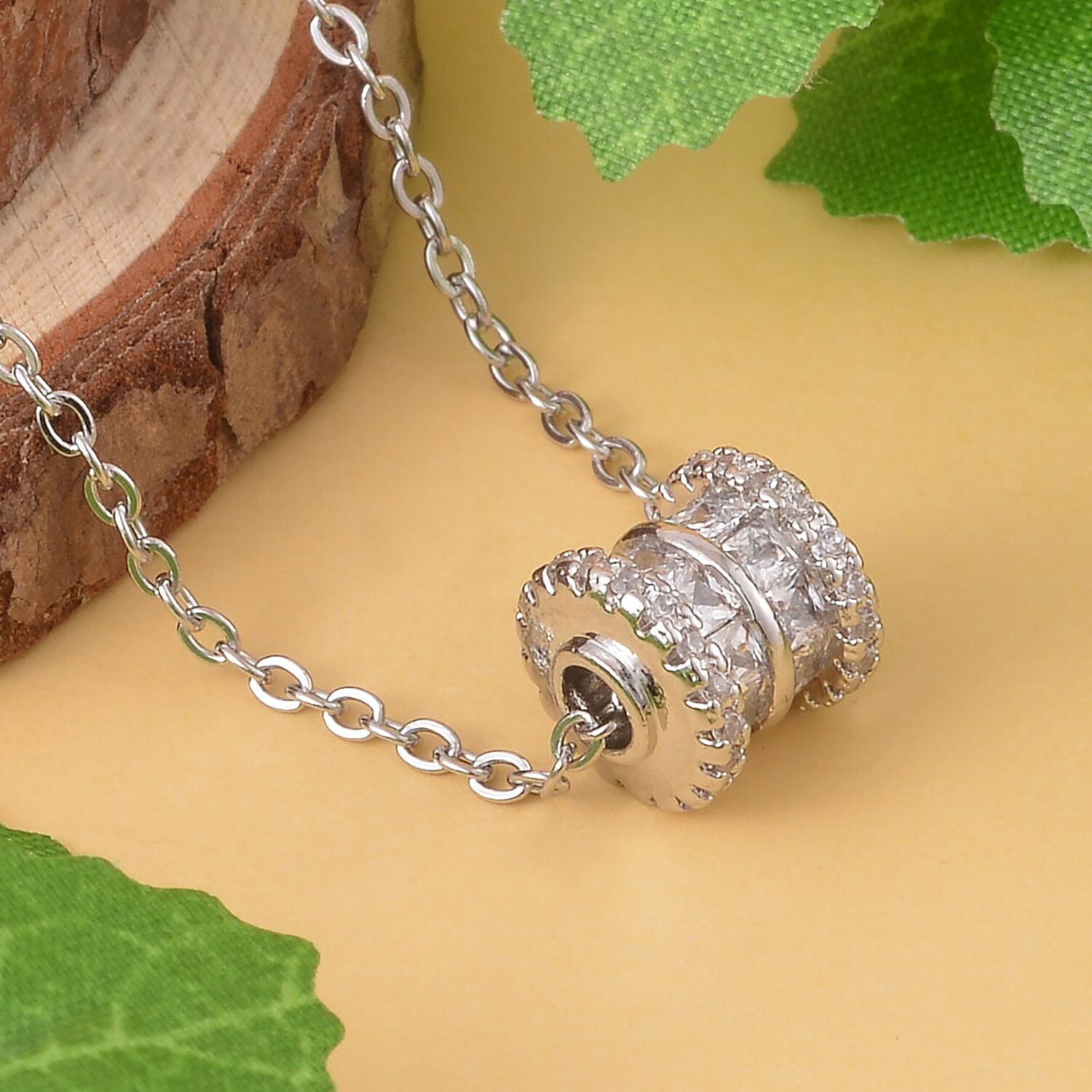 Simulated Diamond Screw Hollow Tunnels Pendant with Chain (Size 20 inch +2 inch Extender) in Silver Tone