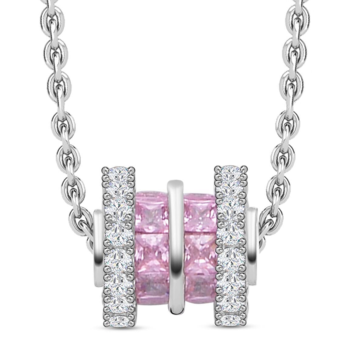 Simulated Pink Sapphire and Simulated Diamond Pendant with Chain (Size 20- 2 inch Ext.) in Silver Tone