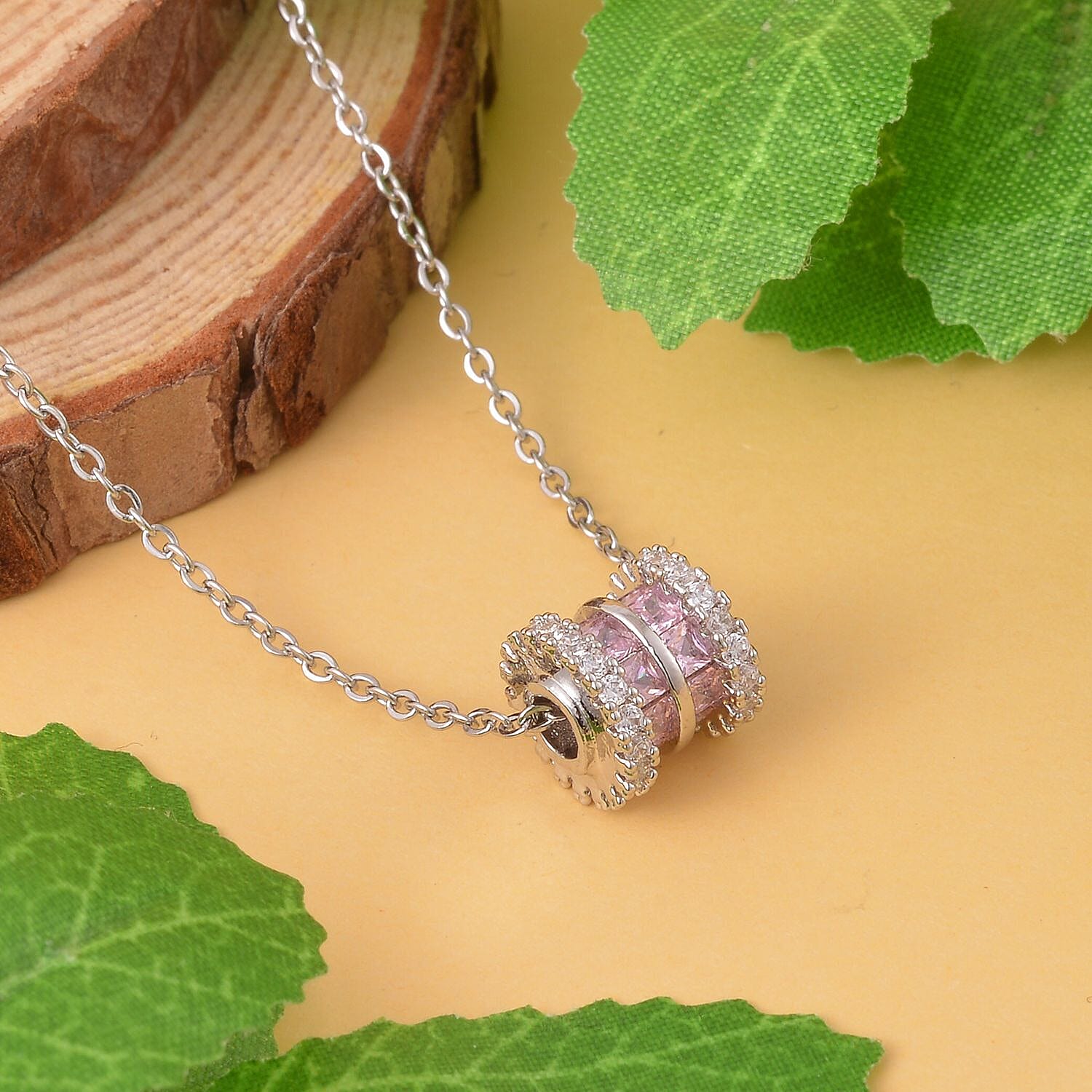 Simulated Pink Sapphire and Simulated Diamond Pendant with Chain (Size 20- 2 inch Ext.) in Silver Tone