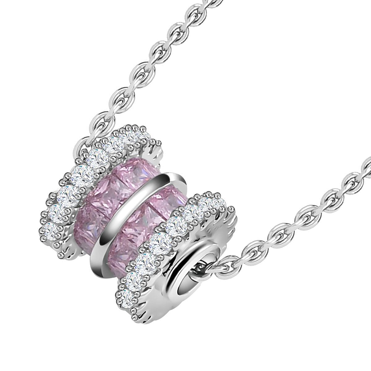Simulated Pink Sapphire and Simulated Diamond Pendant with Chain (Size 20- 2 inch Ext.) in Silver Tone