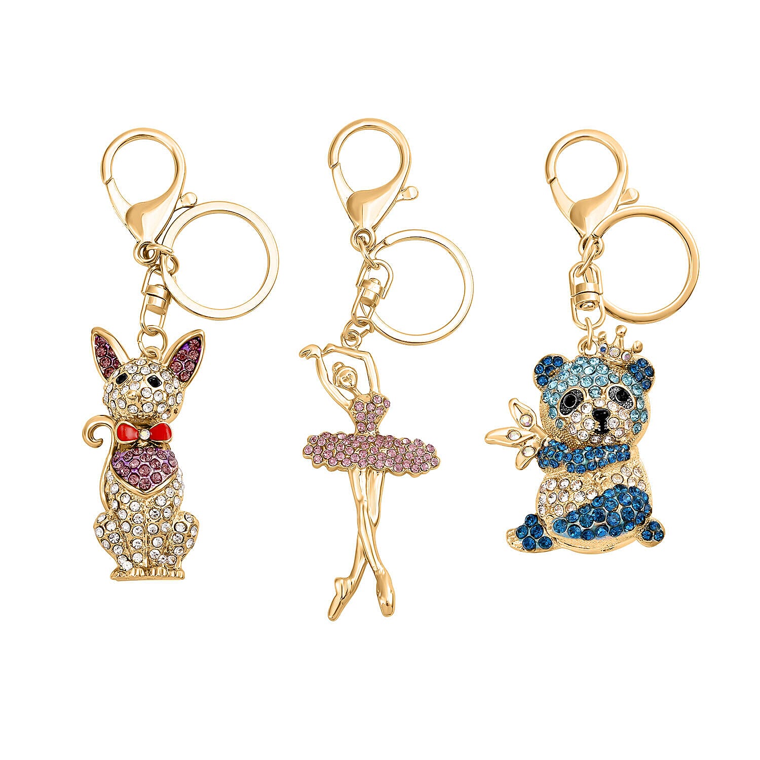 Set of 3 - Pink Austrian Crystal and Multi Colour Austrian Crystal Enamelled Panda, Cat and Dancing Girl Keychain in Yellow Gold Tone