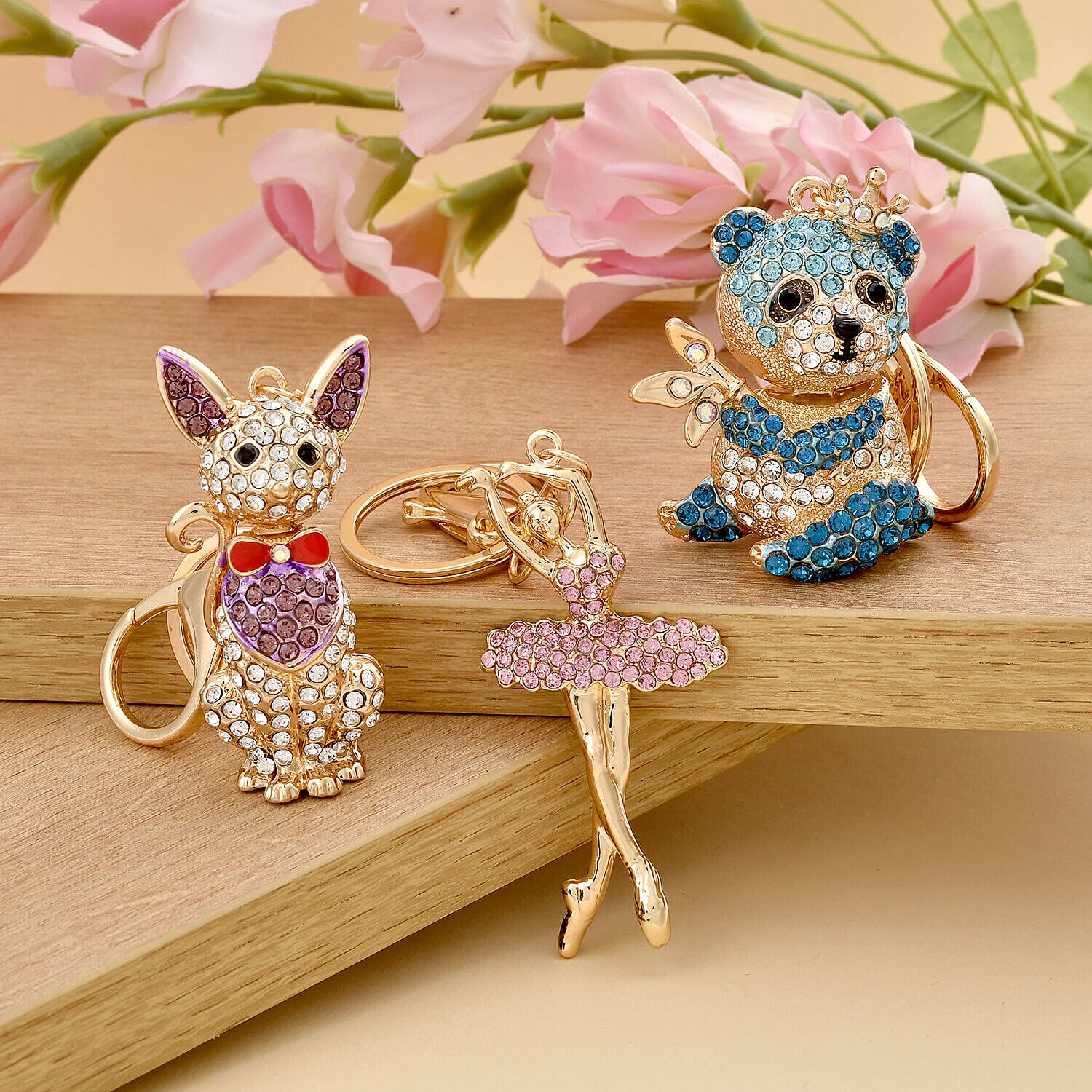 Set of 3 - Pink Austrian Crystal and Multi Colour Austrian Crystal Enamelled Panda, Cat and Dancing Girl Keychain in Yellow Gold Tone