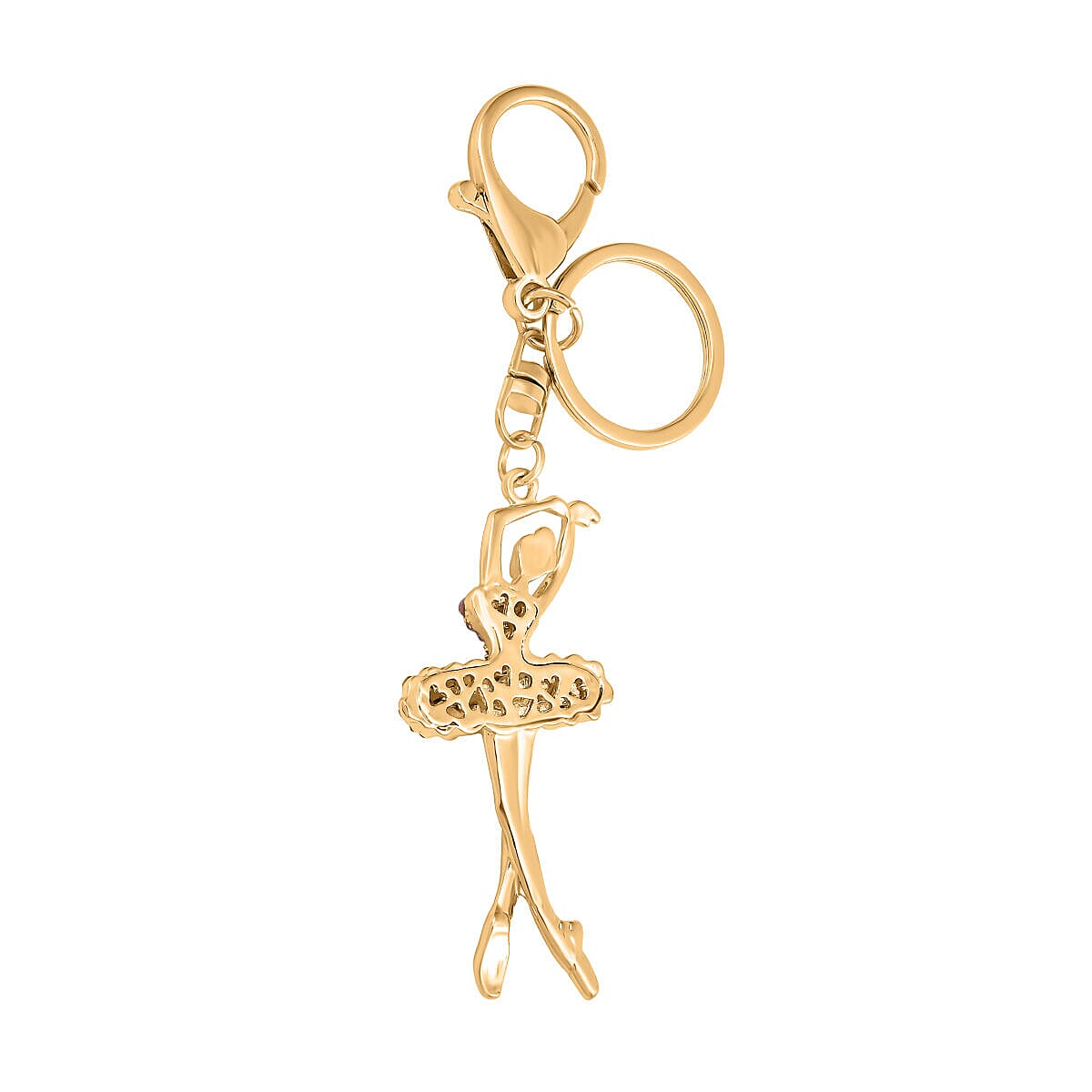 Set of 3 - Pink Austrian Crystal and Multi Colour Austrian Crystal Enamelled Panda, Cat and Dancing Girl Keychain in Yellow Gold Tone