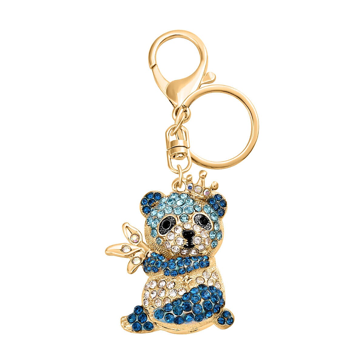 Set of 3 - Pink Austrian Crystal and Multi Colour Austrian Crystal Enamelled Panda, Cat and Dancing Girl Keychain in Yellow Gold Tone