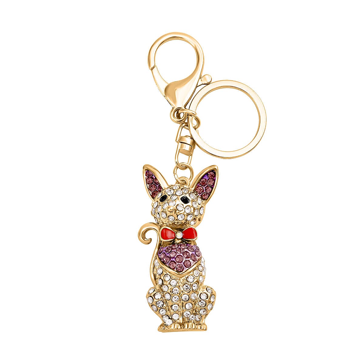 Set of 3 - Pink Austrian Crystal and Multi Colour Austrian Crystal Enamelled Panda, Cat and Dancing Girl Keychain in Yellow Gold Tone
