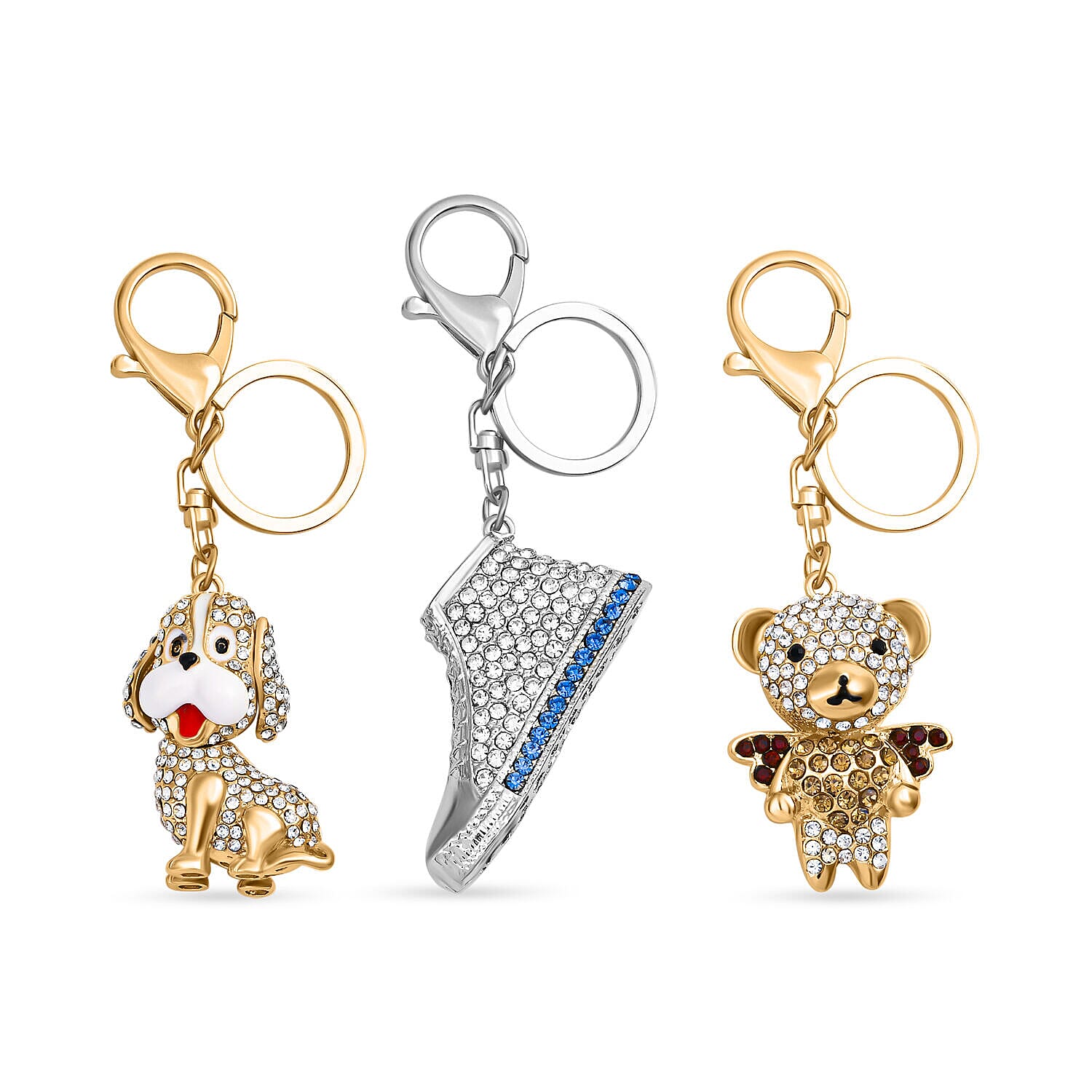 Set of 3 - Multi Colour Austrian Crystal Enamelled Dog, Shoe and Bear Keychain in Yellow Gold Tone