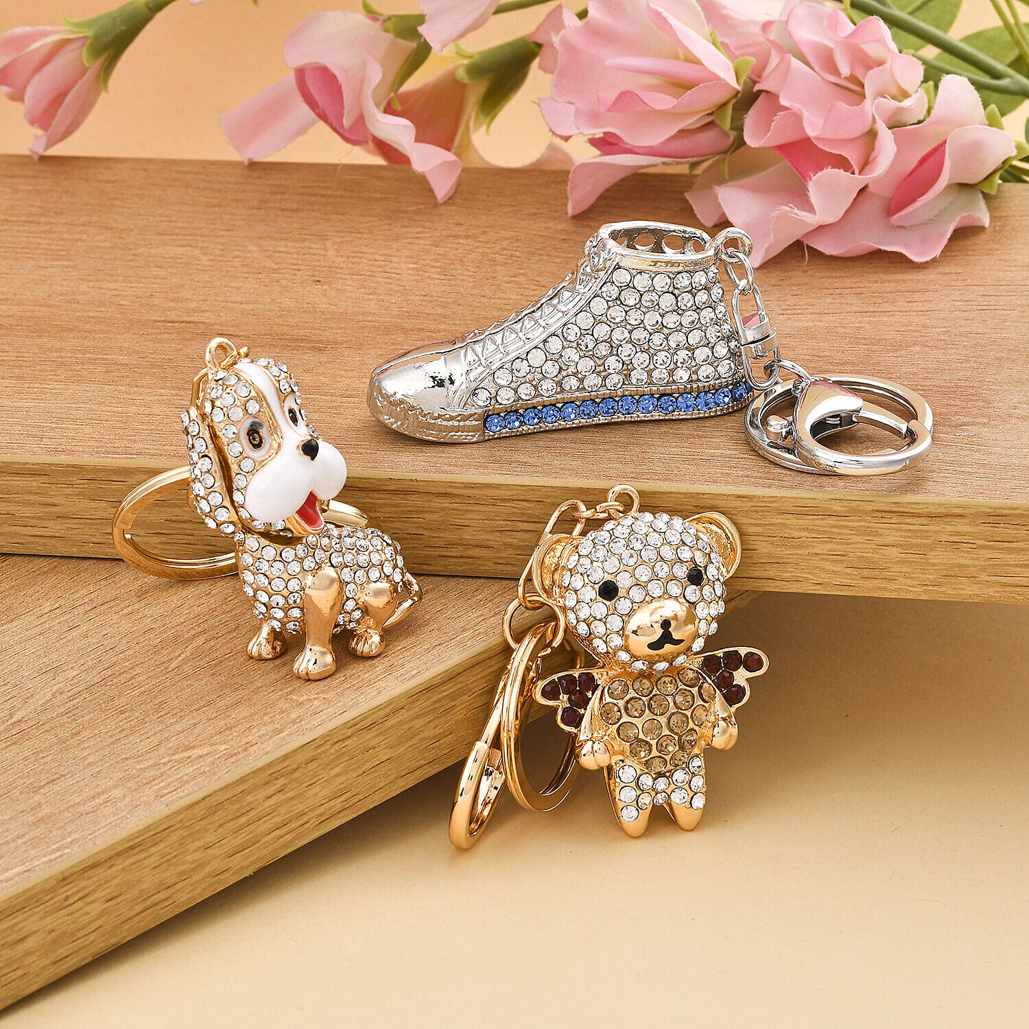 Set of 3 - Multi Colour Austrian Crystal Enamelled Dog, Shoe and Bear Keychain in Yellow Gold Tone