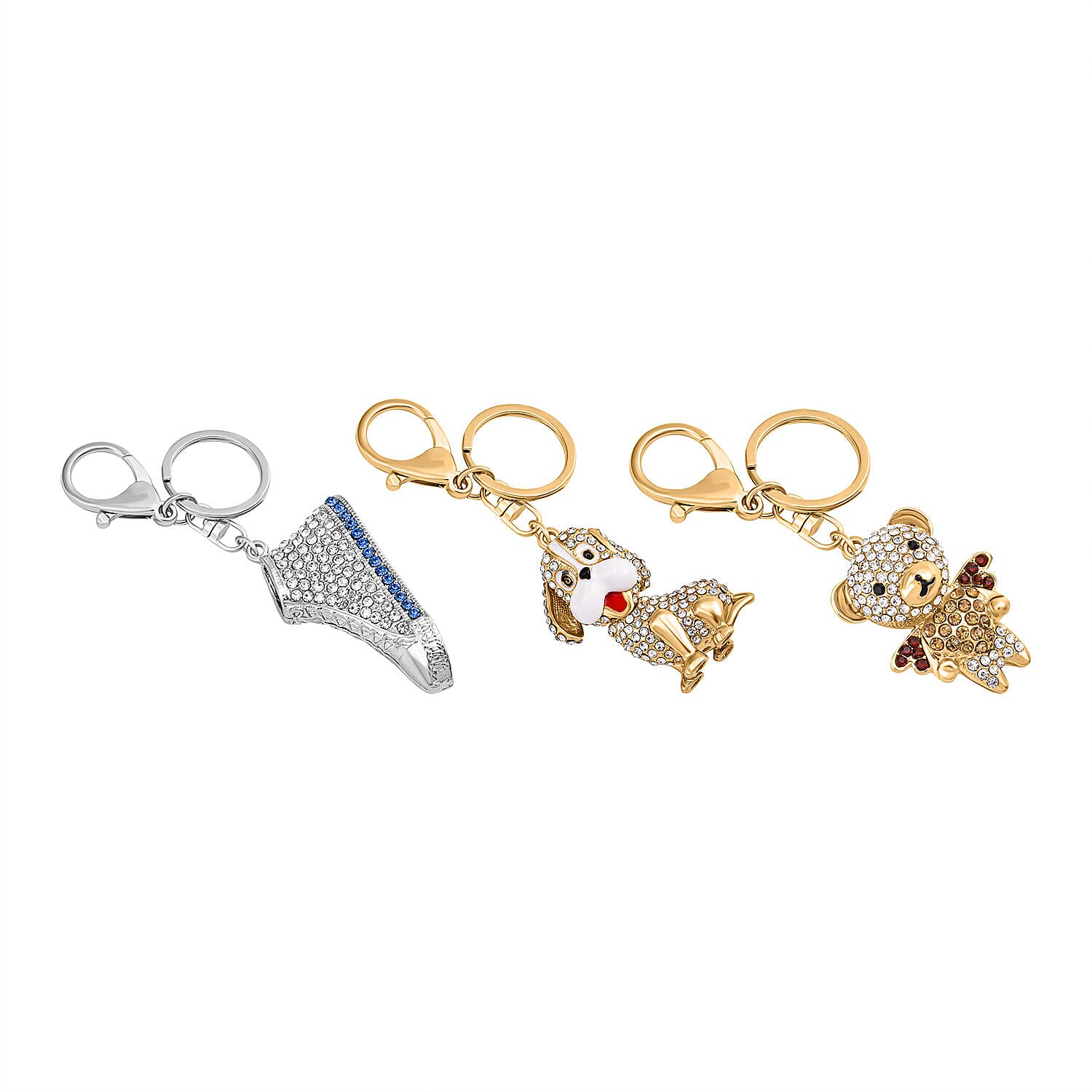 Set of 3 - Multi Colour Austrian Crystal Enamelled Dog, Shoe and Bear Keychain in Yellow Gold Tone