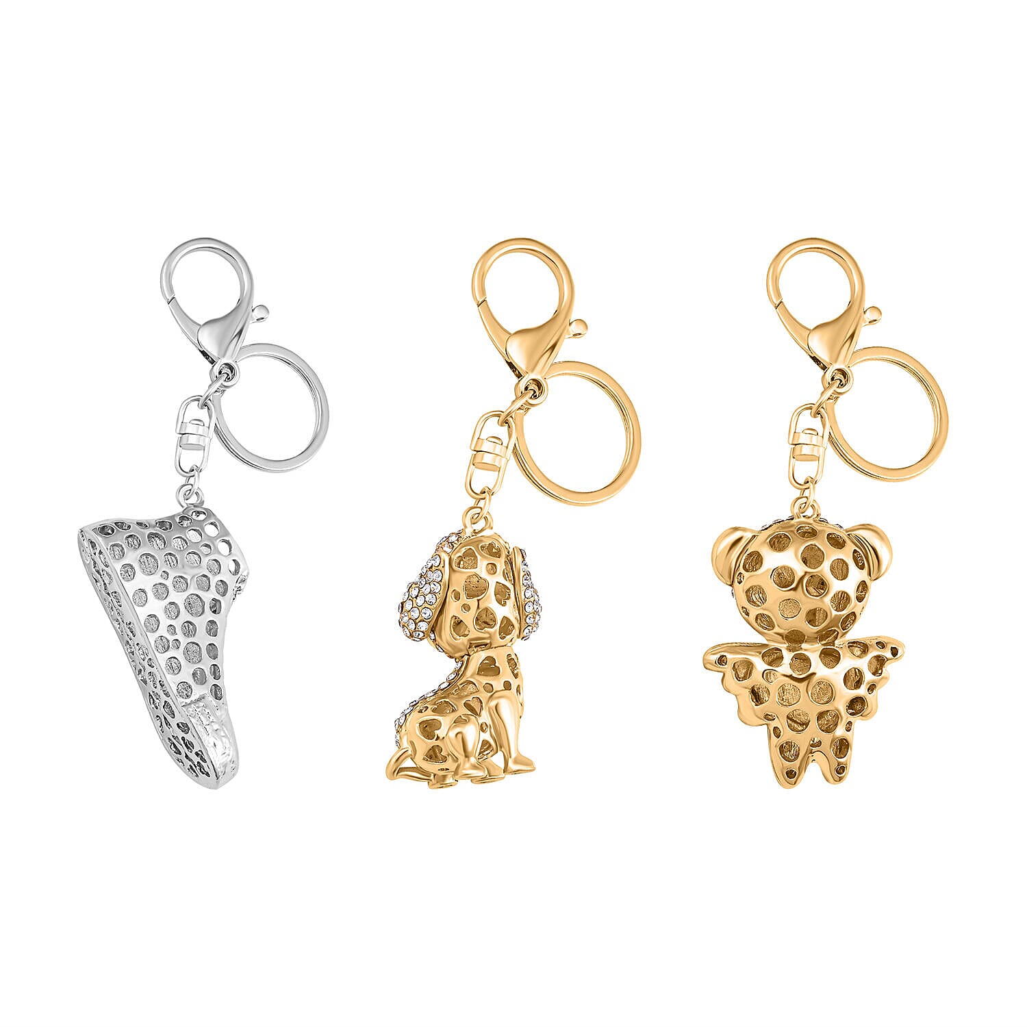 Set of 3 - Multi Colour Austrian Crystal Enamelled Dog, Shoe and Bear Keychain in Yellow Gold Tone