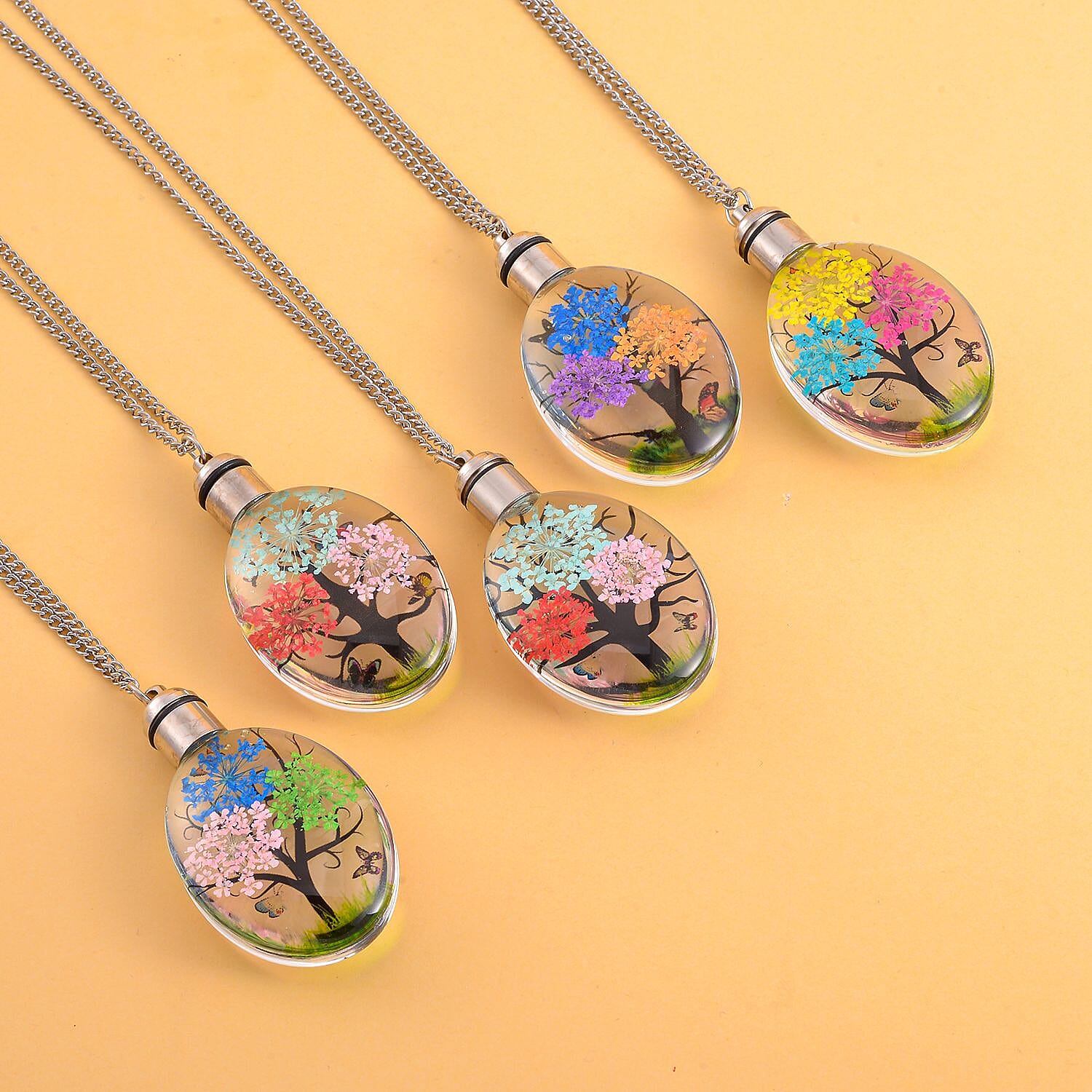 Set of 5 - Dried Real Flower LED Pendant with Curb Chain (Size 24-2 Inch Ext.)