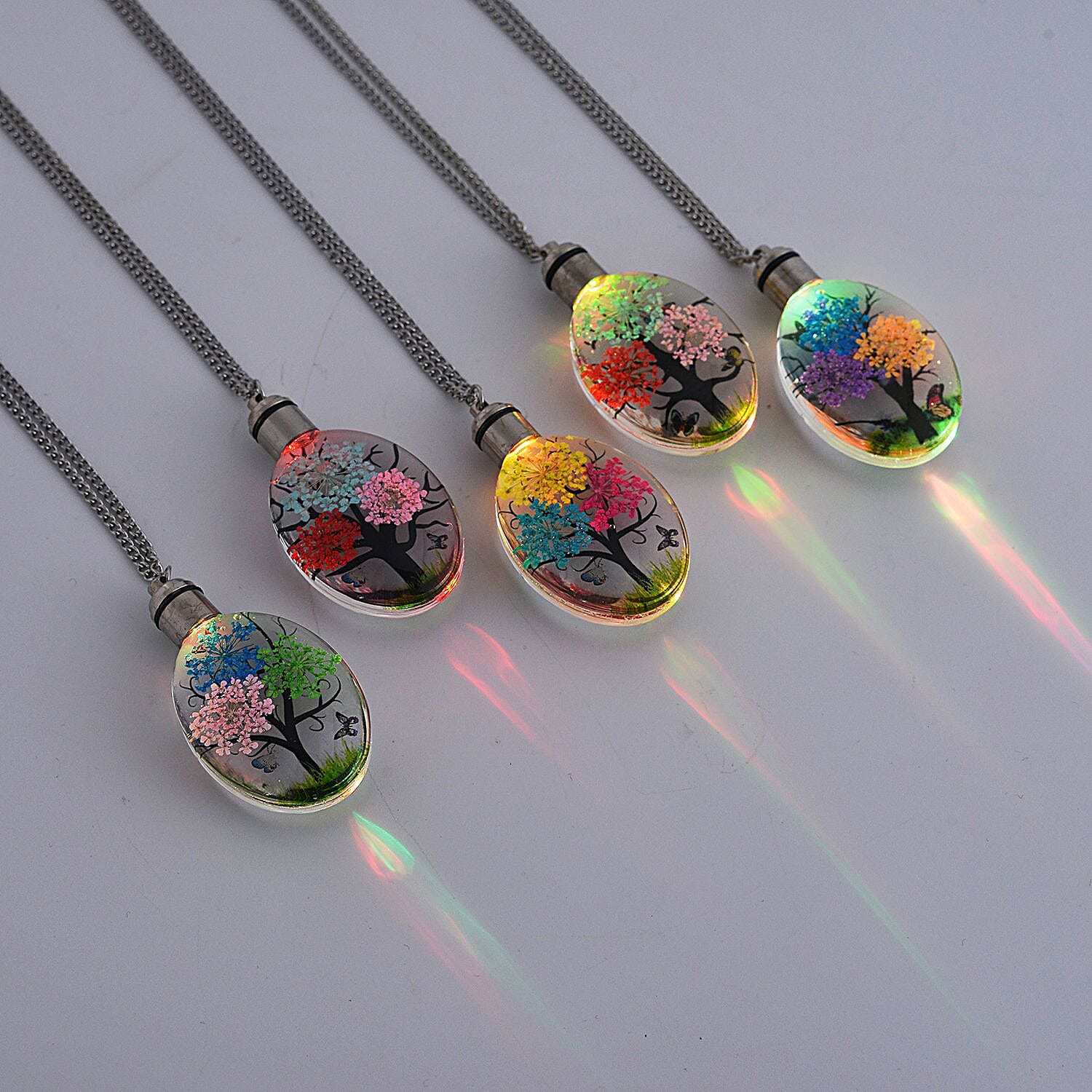 Set of 5 - Dried Real Flower LED Pendant with Curb Chain (Size 24-2 Inch Ext.)