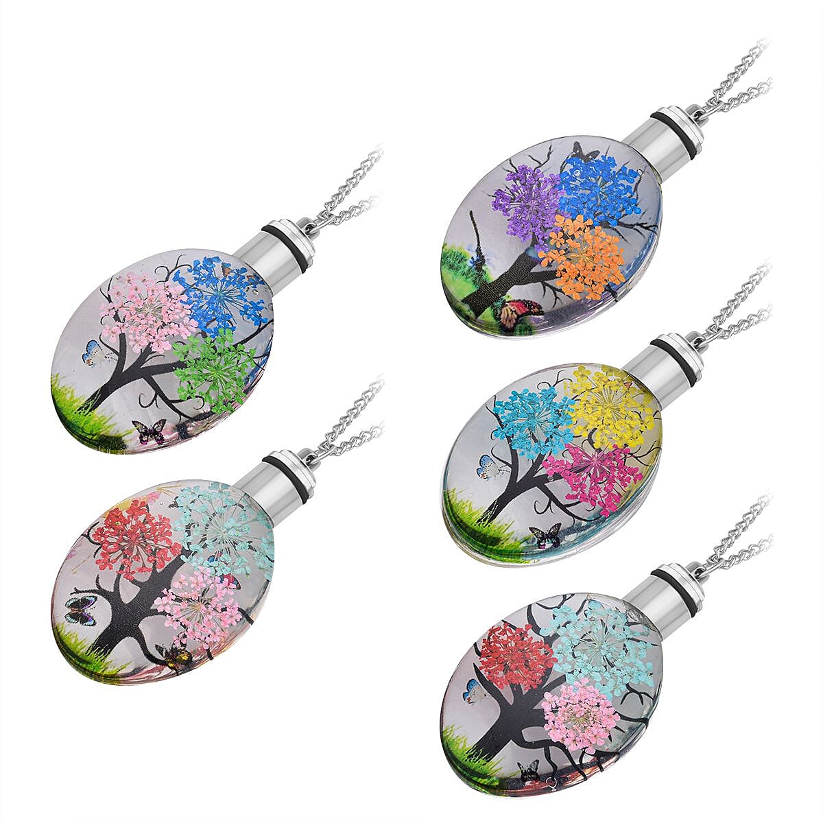 Set of 5 - Dried Real Flower LED Pendant with Curb Chain (Size 24-2 Inch Ext.)