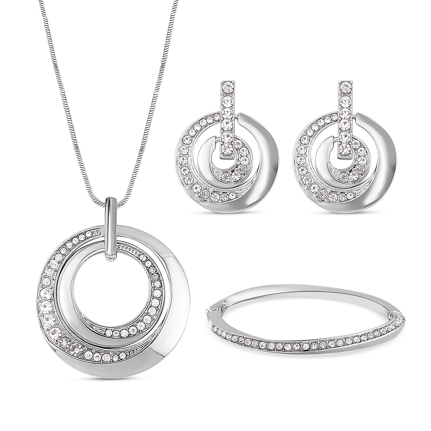 3 Piece Set - White Austrian Crystal Bangle (Size - 6.75 ), Necklace (Size - 24 With 2 Inch Extender) and Earrings (With Push Back) in Silver Tone.