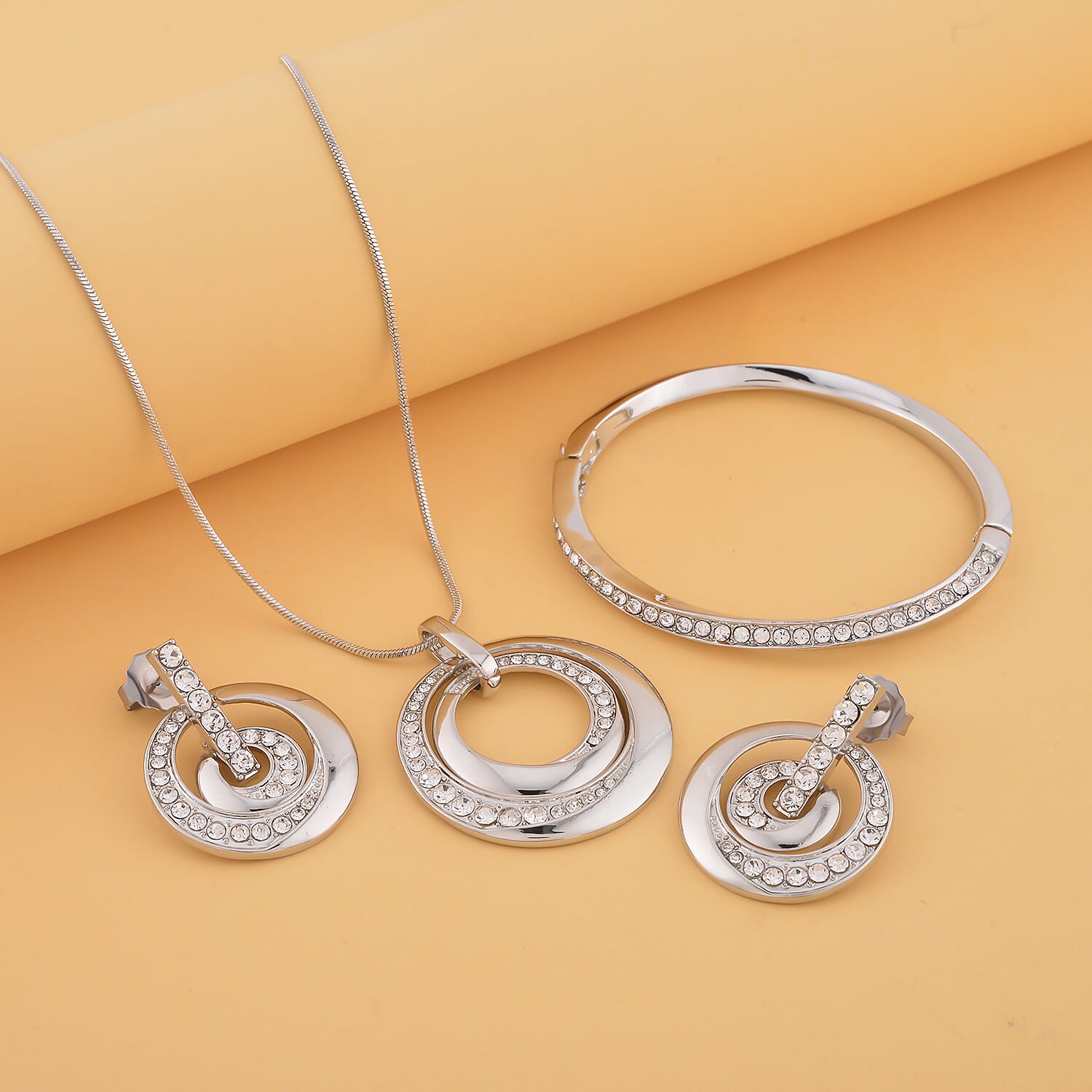 3 Piece Set - White Austrian Crystal Bangle (Size - 6.75 ), Necklace (Size - 24 With 2 Inch Extender) and Earrings (With Push Back) in Silver Tone.