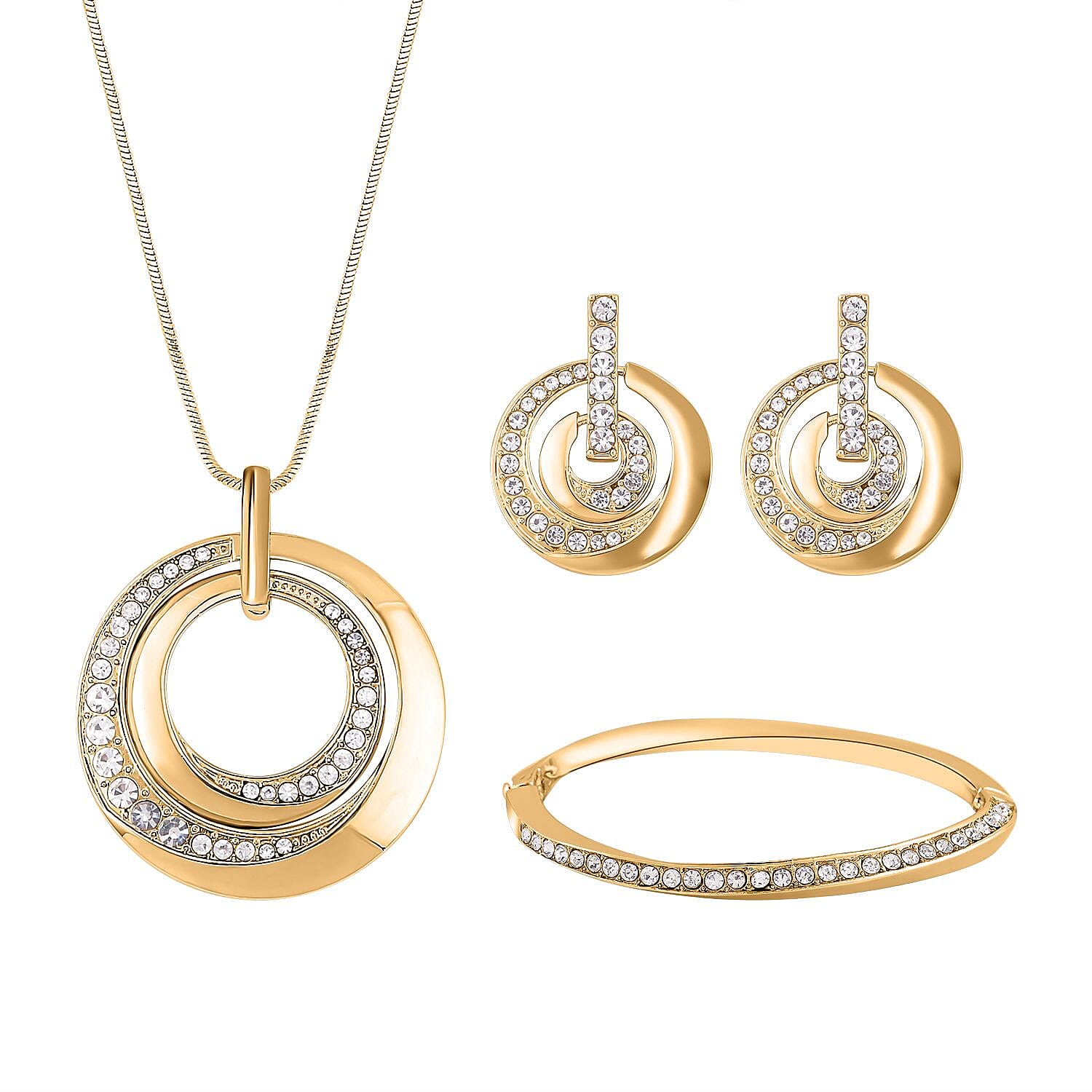 3 Piece Set - White Austrian Crystal Bangle (Size - 6.75 ), Necklace (Size - 24 with 2 Inch Ext.) and Earrings in Yellow Gold Tone.
