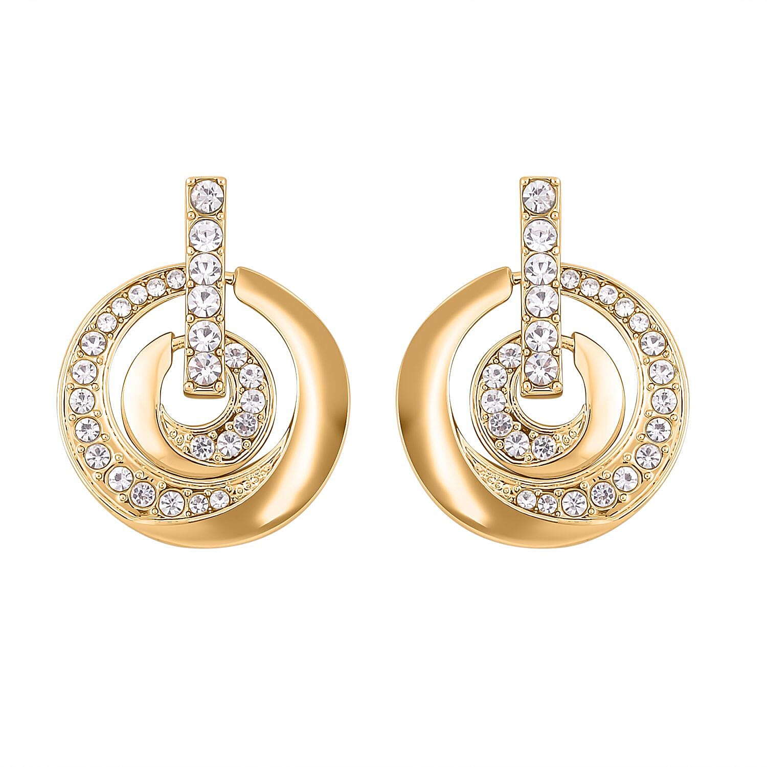 3 Piece Set - White Austrian Crystal Bangle (Size - 6.75 ), Necklace (Size - 24 with 2 Inch Ext.) and Earrings in Yellow Gold Tone.