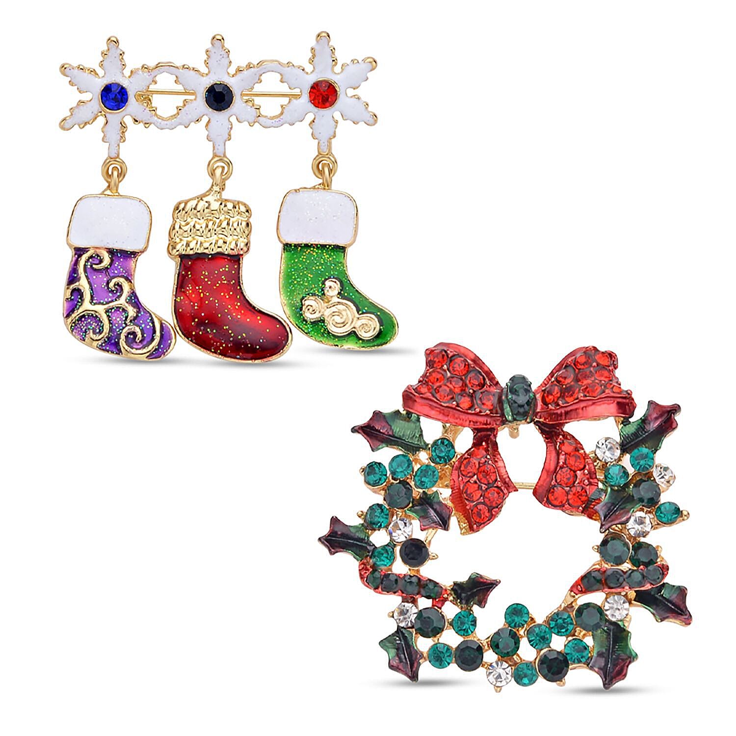 Set of 2 - Multi Colour Austrian Crystal Enamelled Wreaths and Stockings Brooch In Yellow Gold Tone