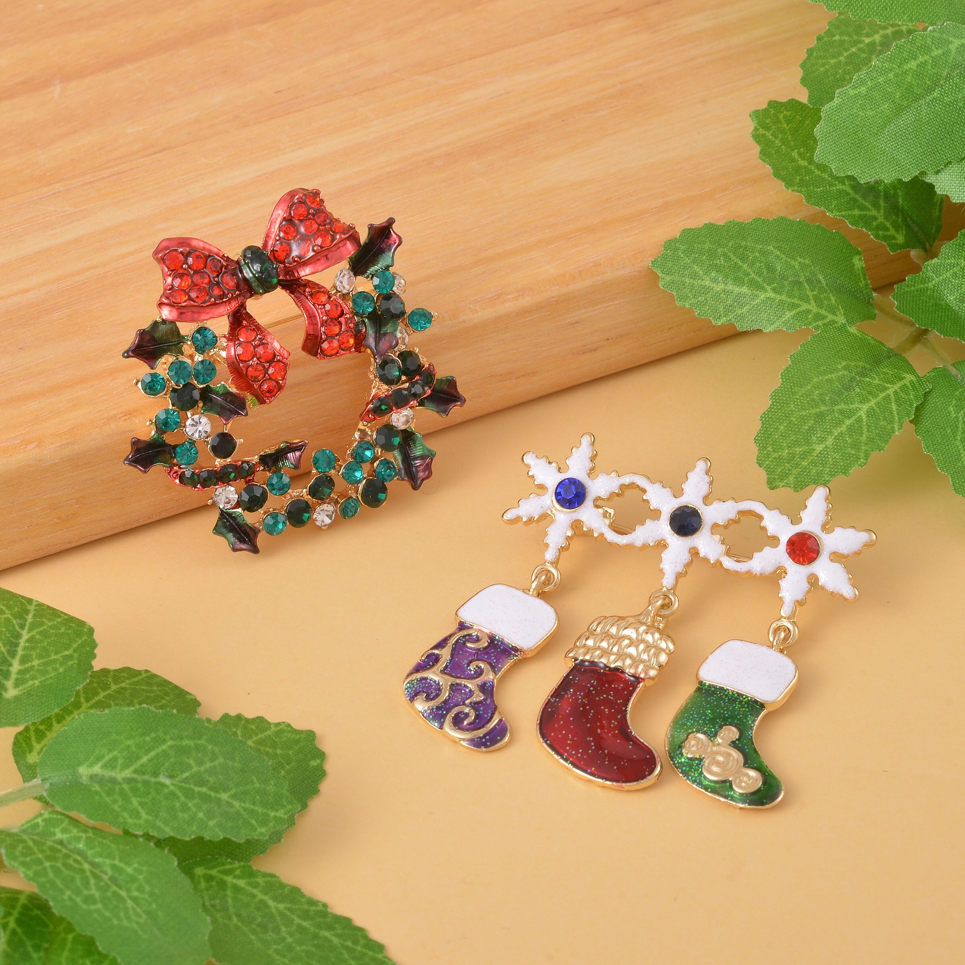 Set of 2 - Multi Colour Austrian Crystal Enamelled Wreaths and Stockings Brooch In Yellow Gold Tone