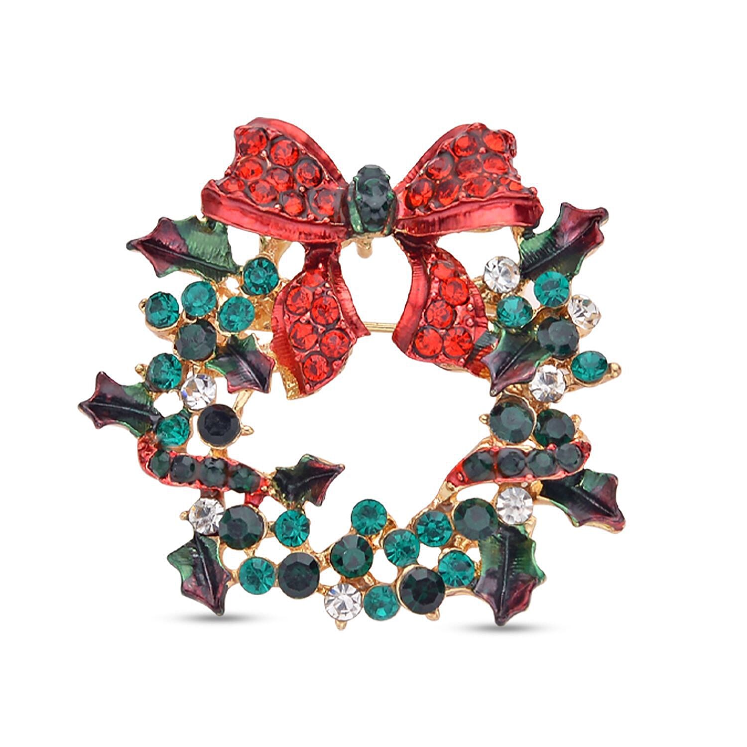 Set of 2 - Multi Colour Austrian Crystal Enamelled Wreaths and Stockings Brooch In Yellow Gold Tone