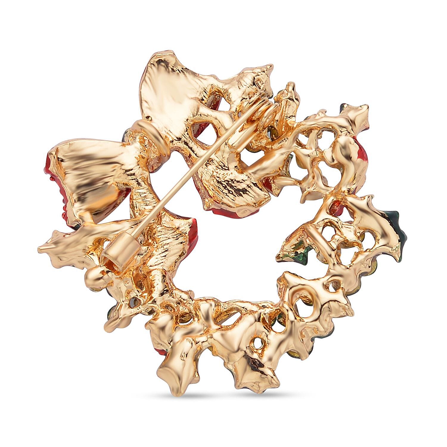 Set of 2 - Multi Colour Austrian Crystal Enamelled Wreaths and Stockings Brooch In Yellow Gold Tone