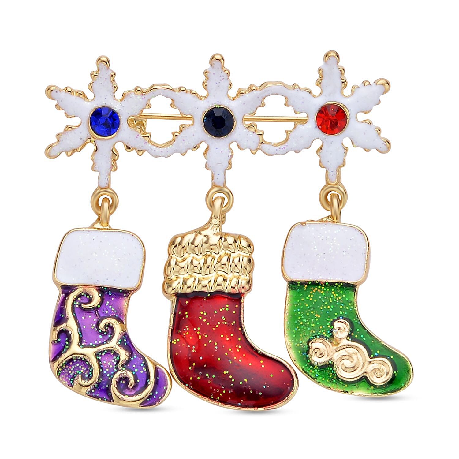 Set of 2 - Multi Colour Austrian Crystal Enamelled Wreaths and Stockings Brooch In Yellow Gold Tone