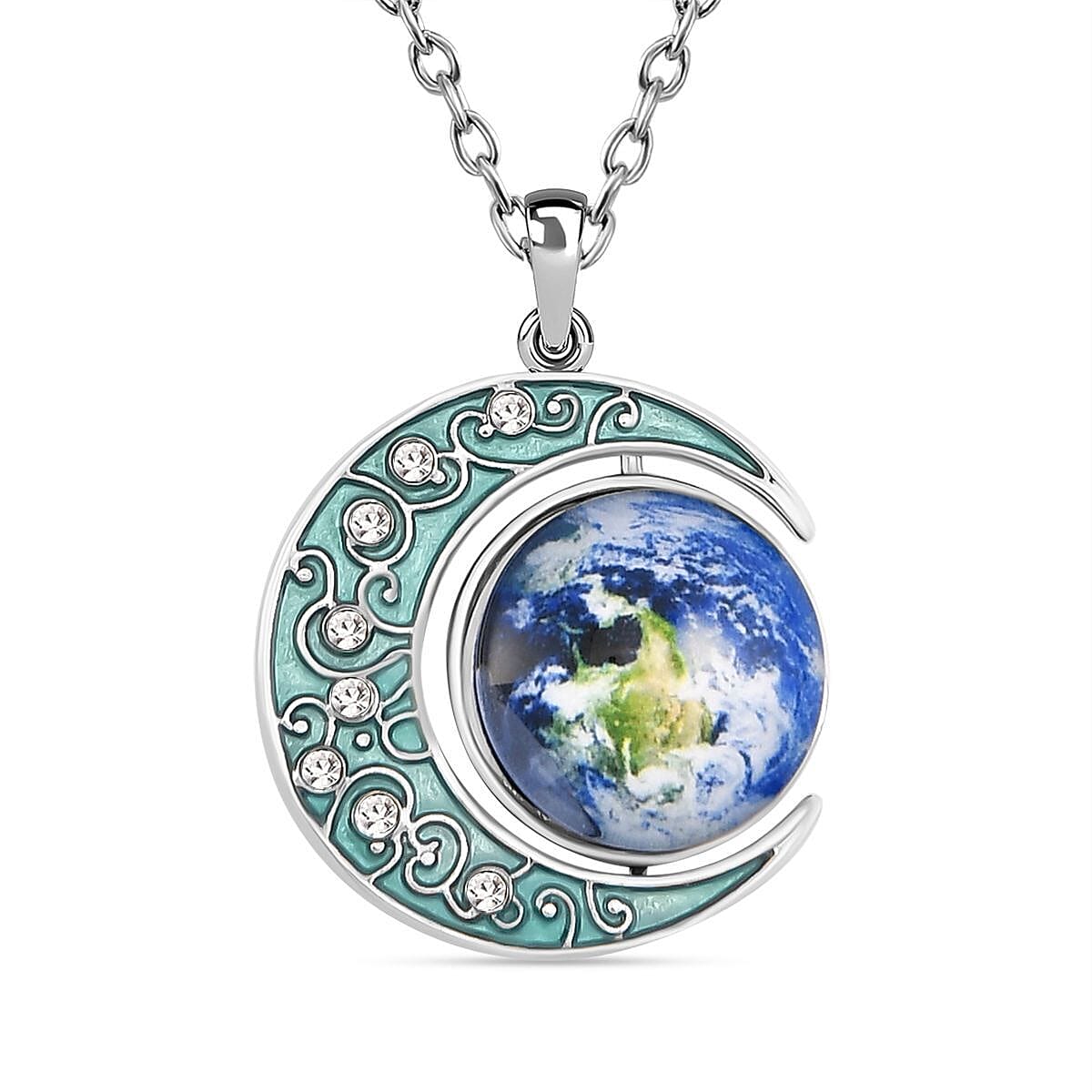 White Austrian Crystal Enamelled Moon & Earth Pendant with Chain (Size 24-2 Ext.)