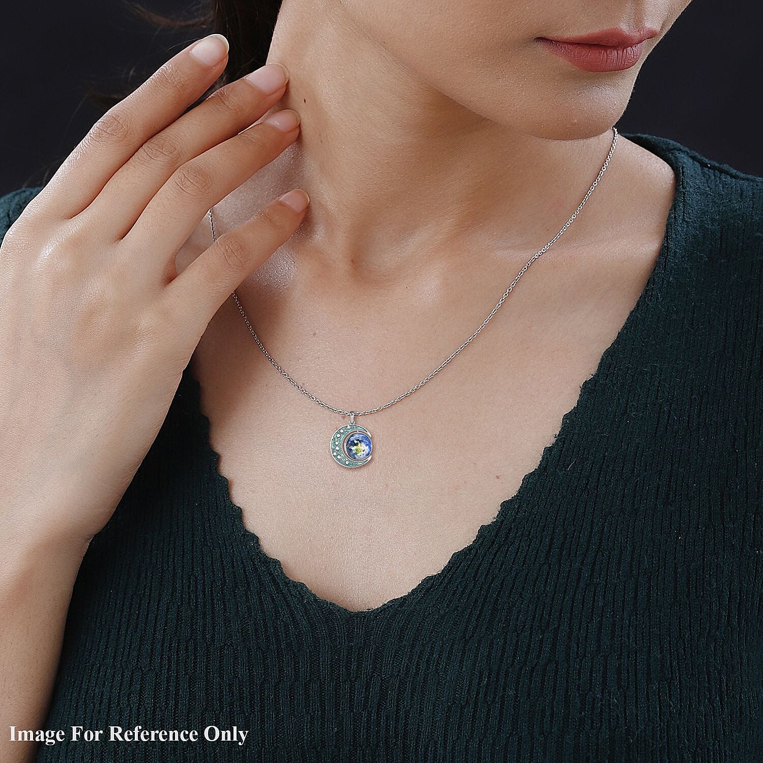 White Austrian Crystal Enamelled Moon & Earth Pendant with Chain (Size 24-2 Ext.)