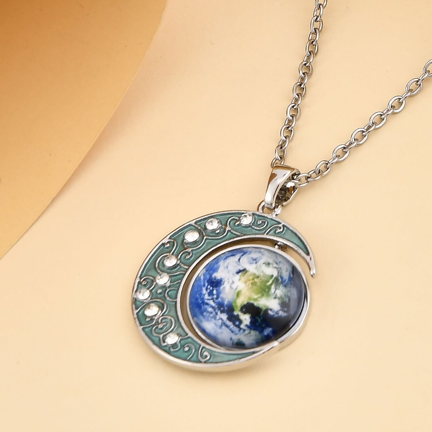 White Austrian Crystal Enamelled Moon & Earth Pendant with Chain (Size 24-2 Ext.)